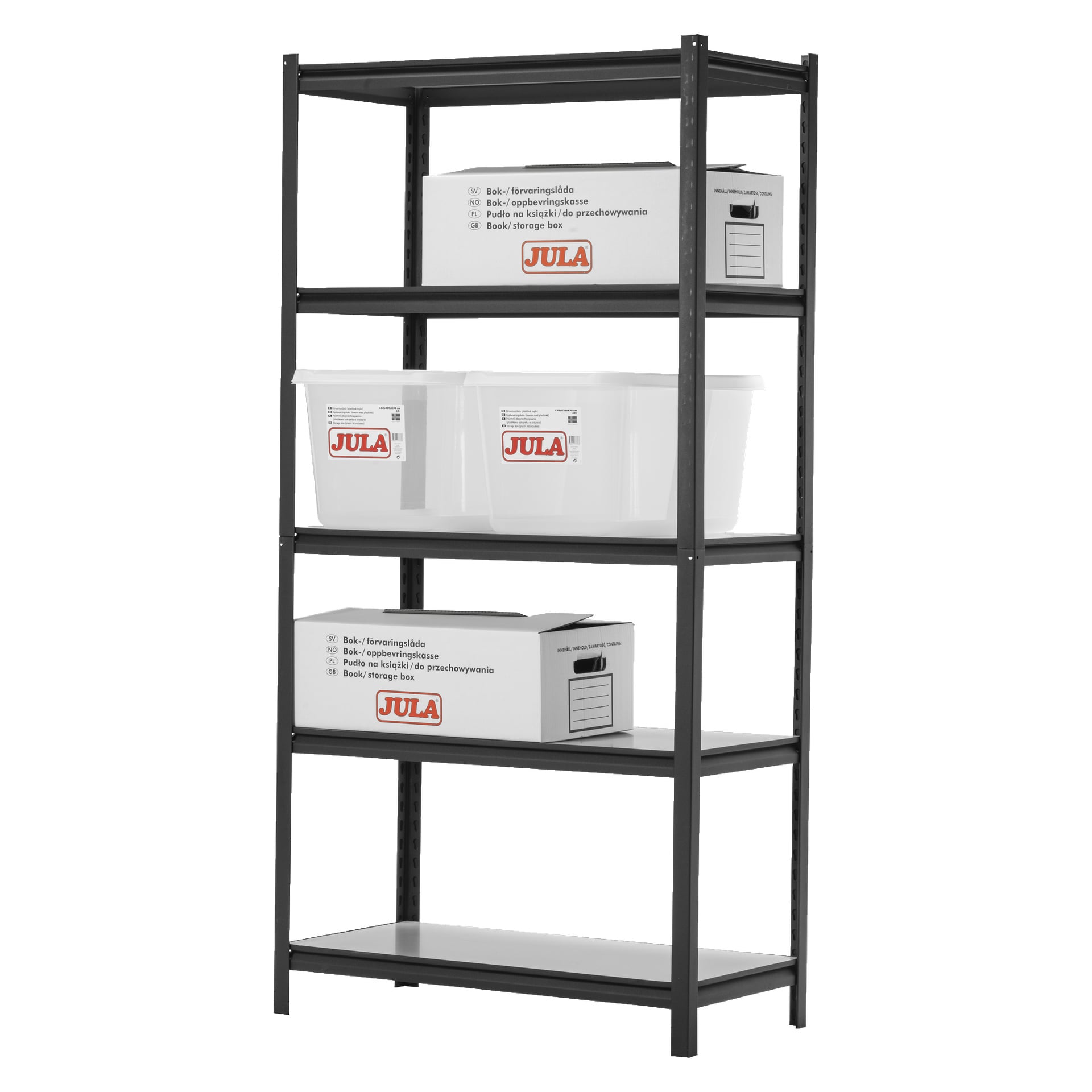 En svart metallhylle for Hard Head Storage med fem etasjer rommer fire hvite plastbokser merket JULA—tre plassert på midthyllene og én øverst, slik at nederste hylle står tom.