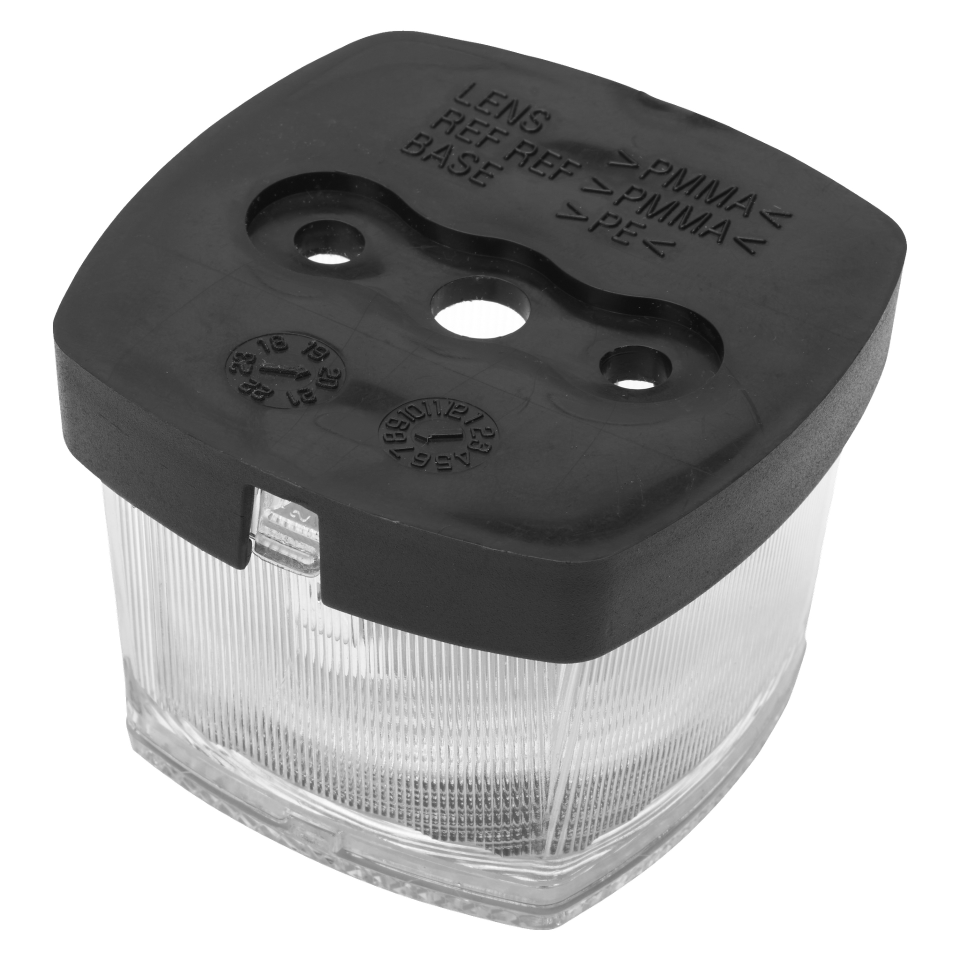 En transparent rektangulär lins från Hamron's Position-lampan är utrustad med ett svart plastlock som har två små runda hål och ett större mitthål. Formgiven text på omslaget beskriver materialen som användes för både objektivet och basen.