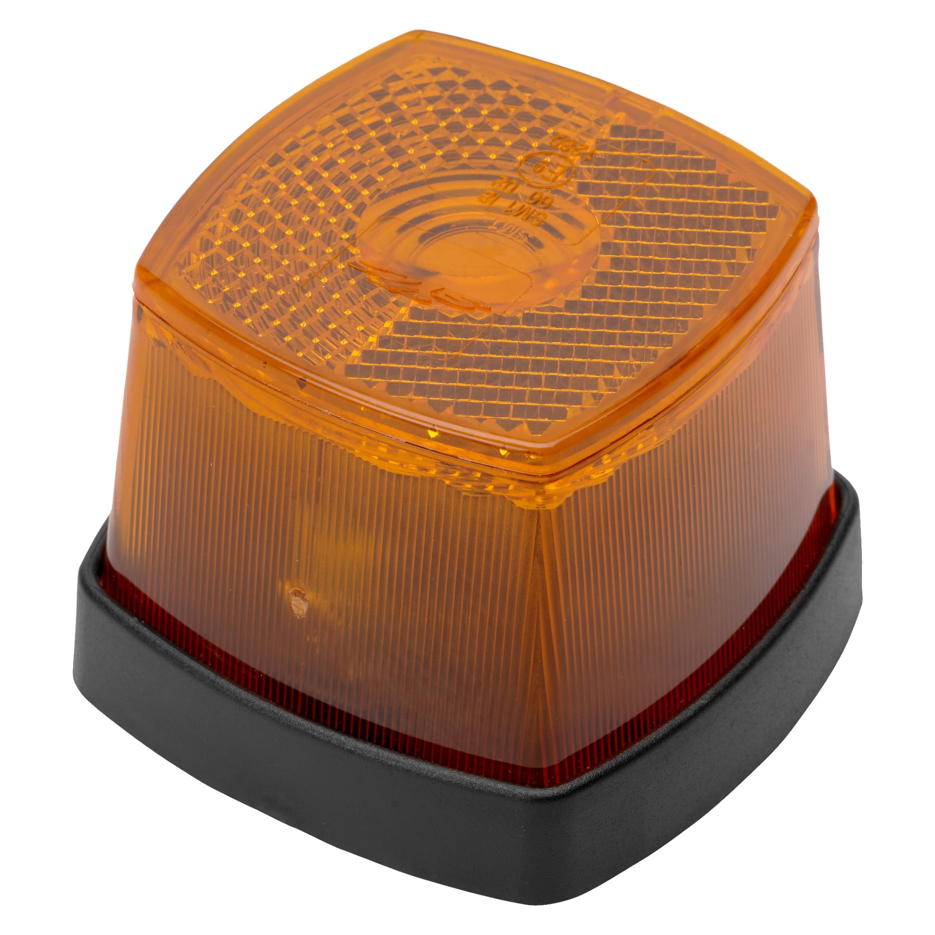 En Hamron Position-lampa med en fyrkantig, bärnstensfärgad, texturerad lins placerad på en svart bas.
