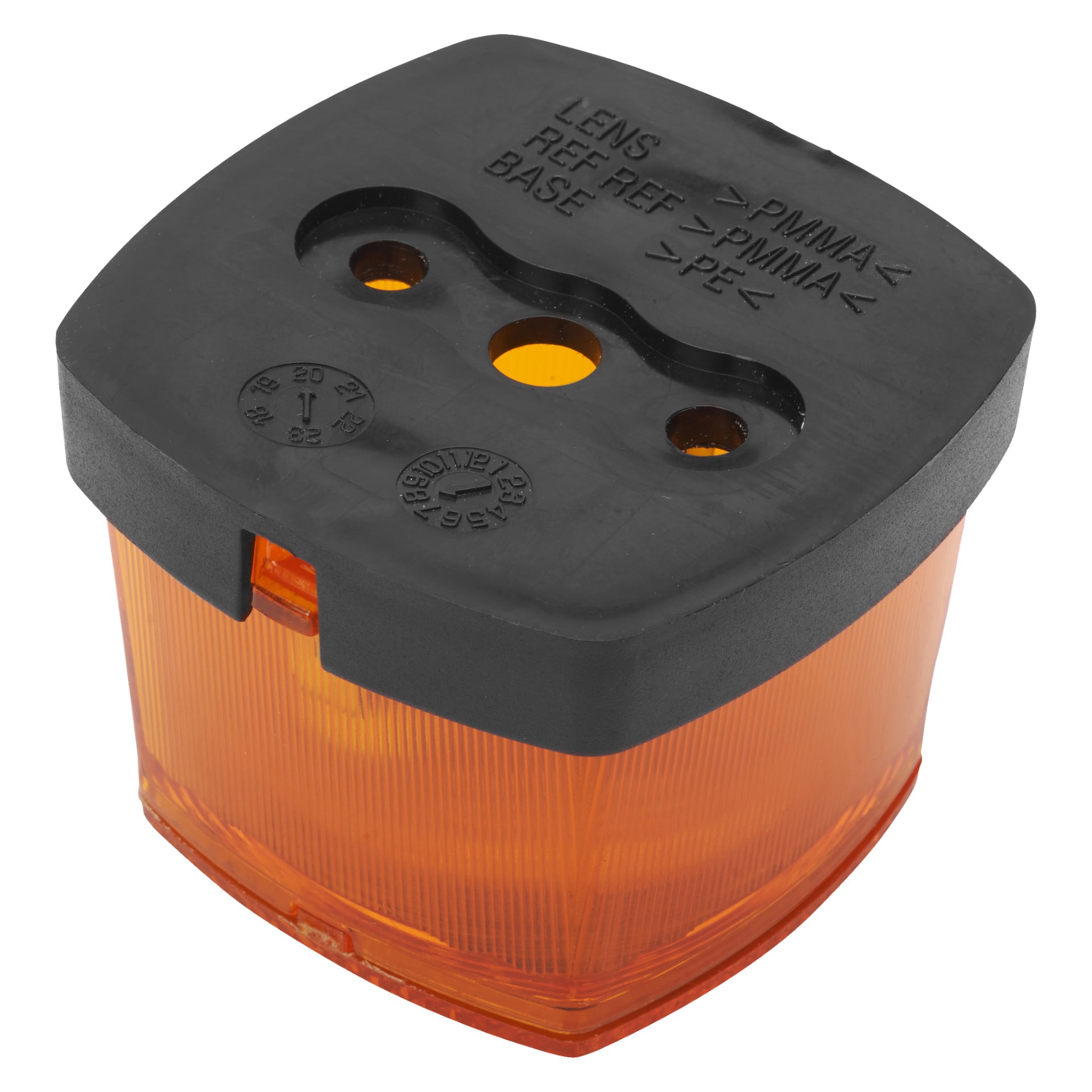 Rektangulär orange och svart plastpositionsljus från Hamron, med tre hål på toppen, präglad text som anger lins- och basmaterial, samt vertikala åsar längs ena sidan. Föremålet används troligen som ett lätt lock eller hölje.