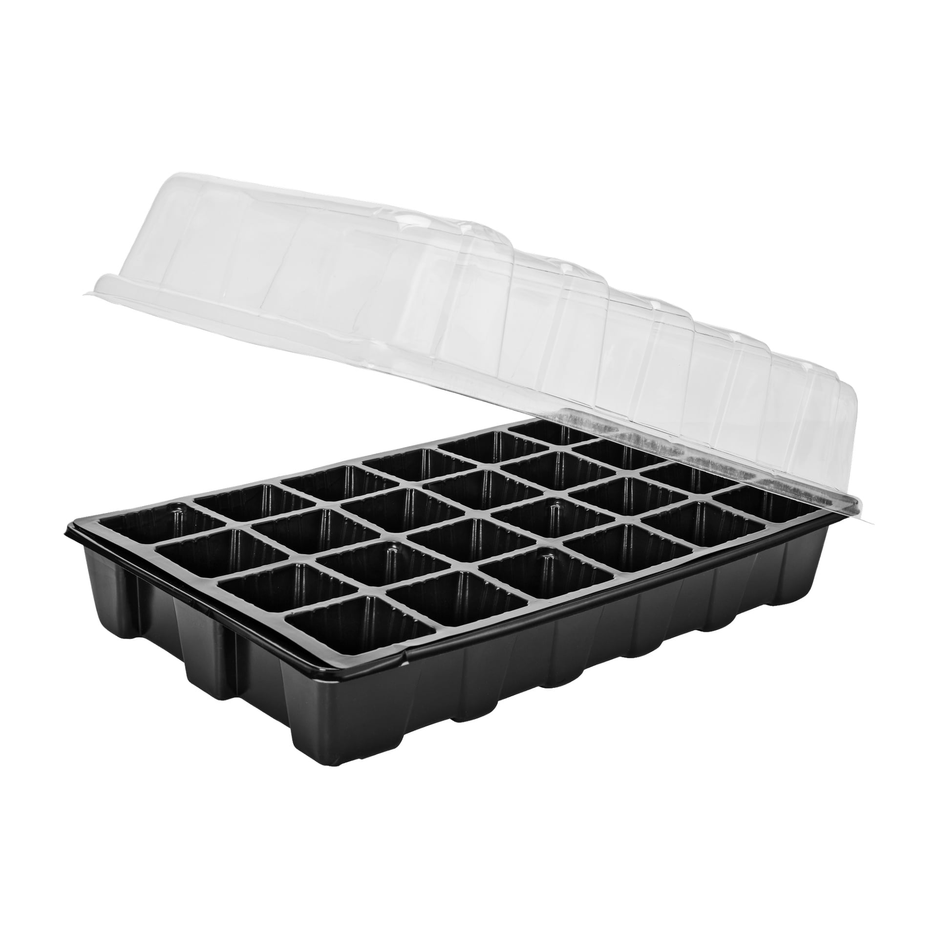 En Hard Head Seed bricka med 24 svarta plastfack i fyrkanter visas, tillsammans med en klar fuktkupol som är delvis avtagbar, lämplig för fröplantering inomhus eller i växthus.