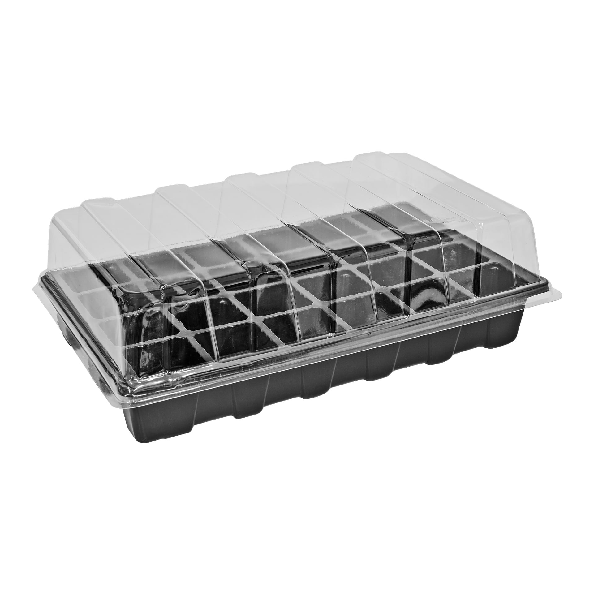 Hard Head Seed Tray har en rektangulär plastdesign med separata celler och ett transparent lock, idealiskt för att starta frö inomhus. Brickan är för närvarande tom.