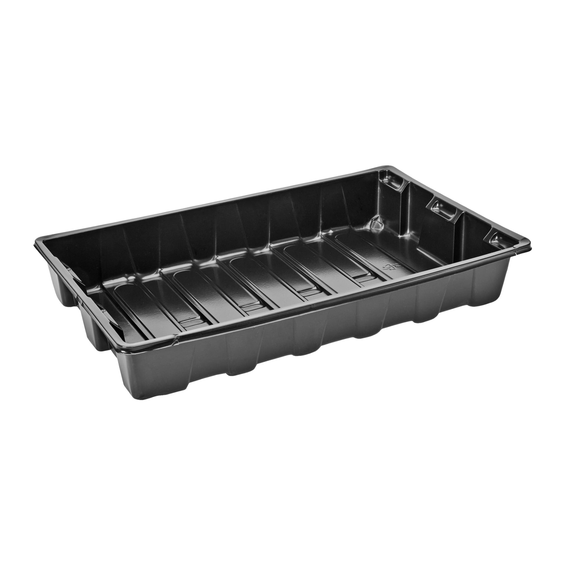 En rektangulär svart plastbricka för frö från Hard Head med upphöjda kanter och räfflad bas.