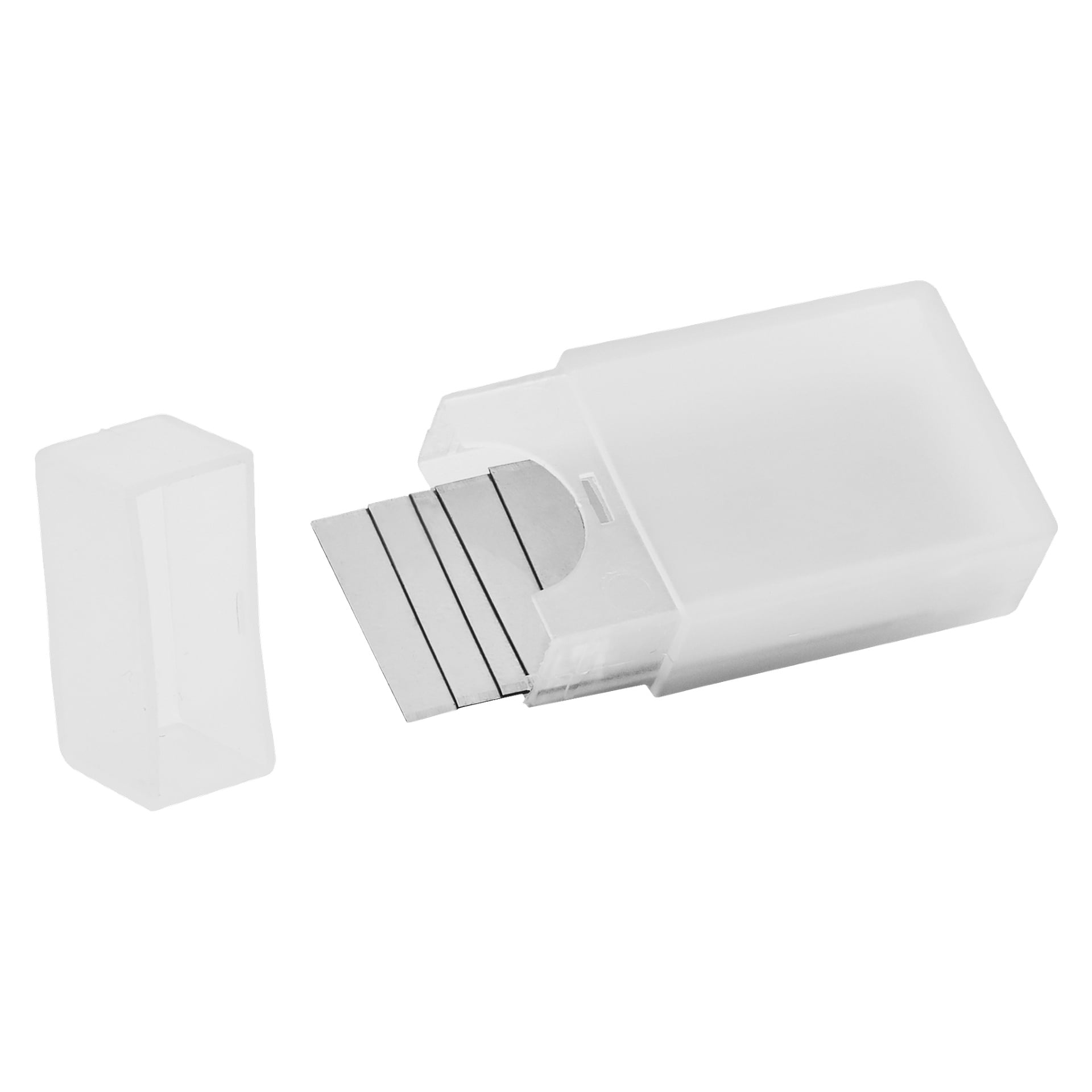 Flera silverfärgade rakblad från Hard Head är staplade tillsammans i en genomskinlig plastlåda med avtagbart lock; förpackningen visar att det är ett paket med 10.