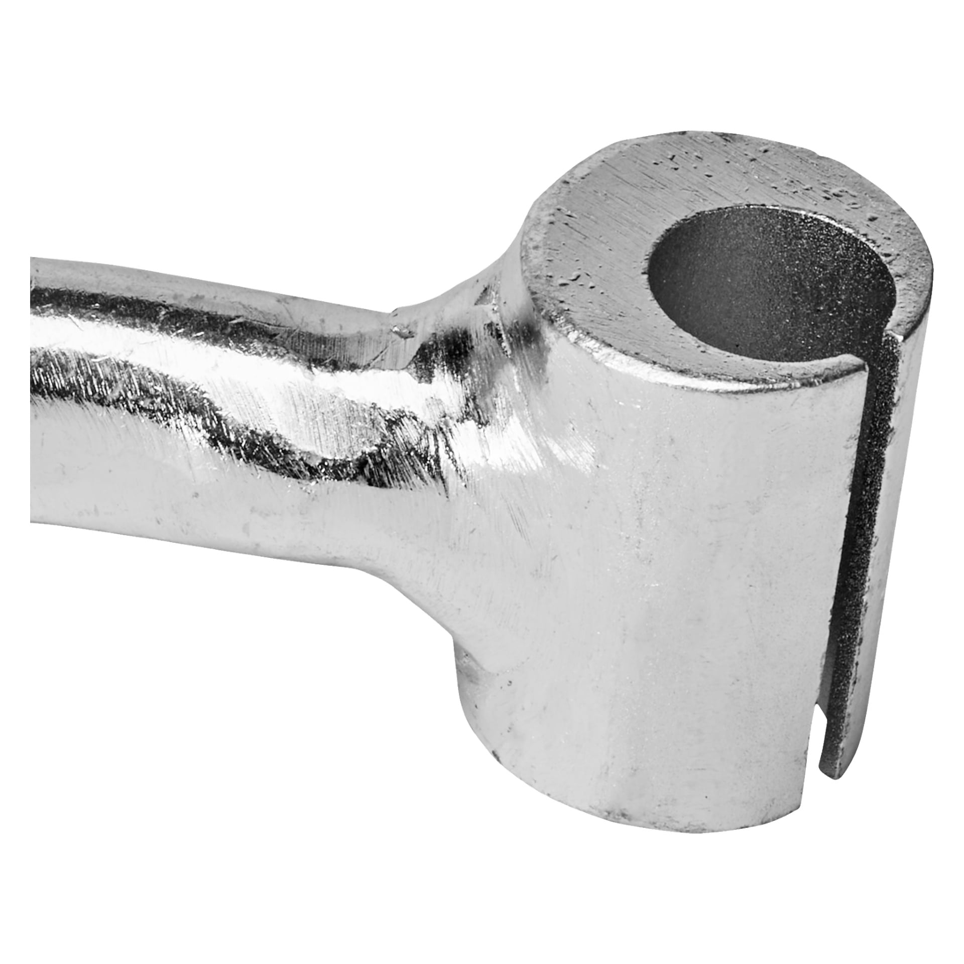 En detaljerad närbild av Hard Head Hinge-rättjärnet visar dess polerade, metalliska cylindriska huvud med ett ihåligt centrum och en smal rak spår på ena sidan, sömlöst kopplat till ett lätt böjt handtag.