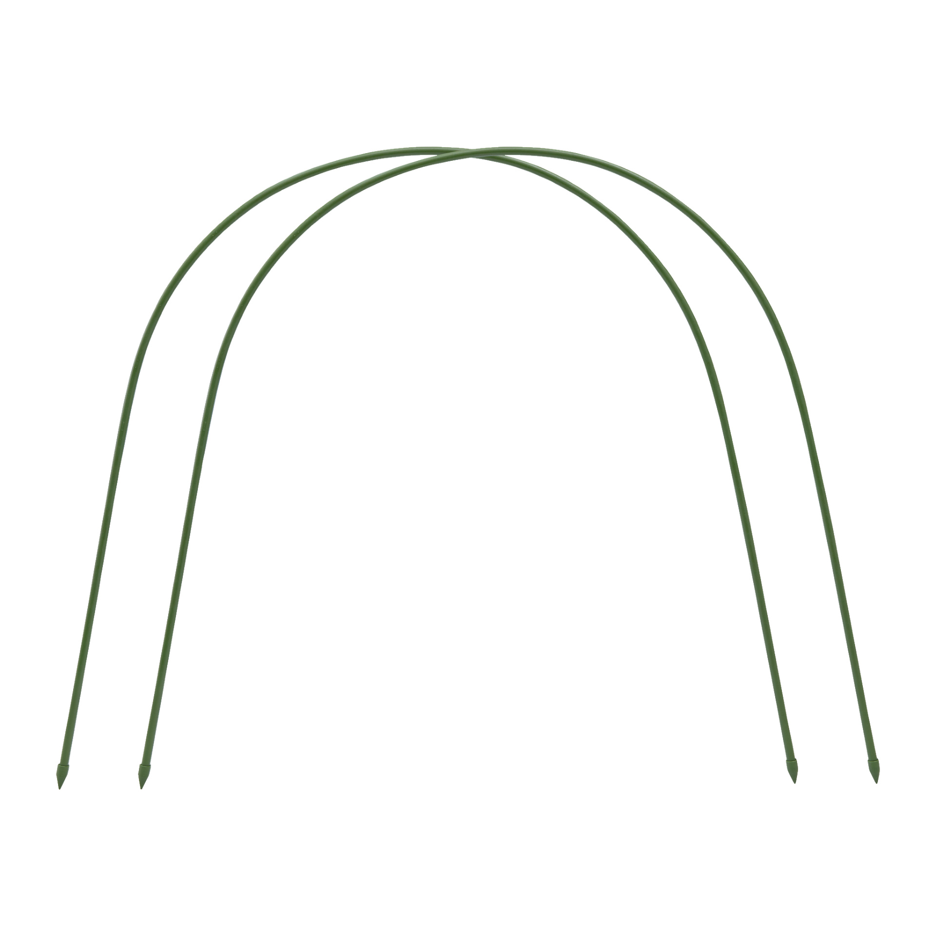 Para zielonych, giętkich prętów z ramy Hard Head Frame for Non-Woven Fabric 2 Pack zakrzywia się i krzyżuje u góry, tworząc łuk z sześcioma ostrymi końcówkami schodzącymi w dół. Ta prosta rama nadaje się do podtrzymywania roślin lub tworzenia tunelu ogrodowego.