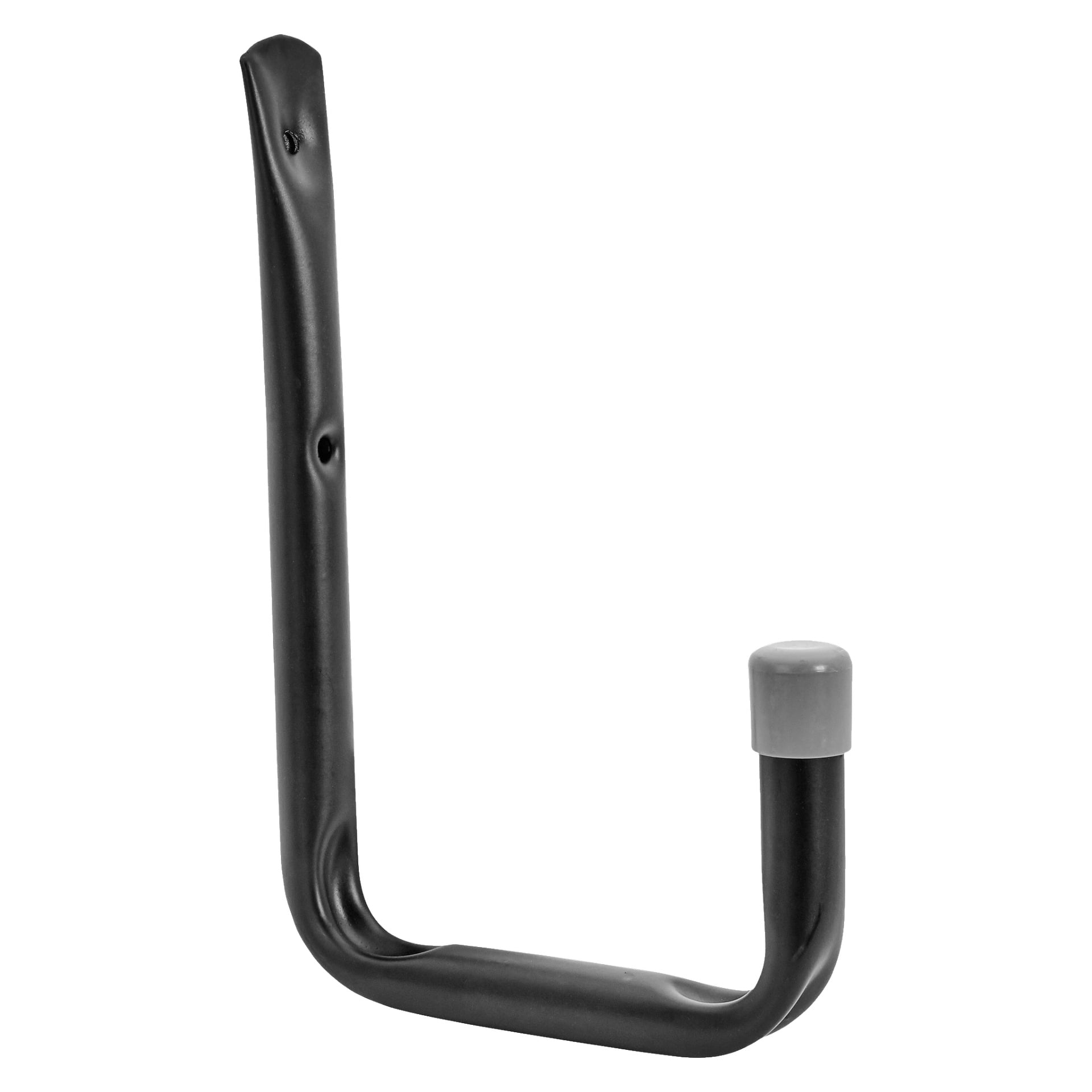 Detta set med sex Hard Head Tool Hooks visar upp en svart metallkonstruktion med mjukt rundade grå ändar, perfekt för att organisera verktyg, cyklar eller liknande föremål. Varje krok är utrustad med två förborrade hål för enkel och stabil väggmontering.