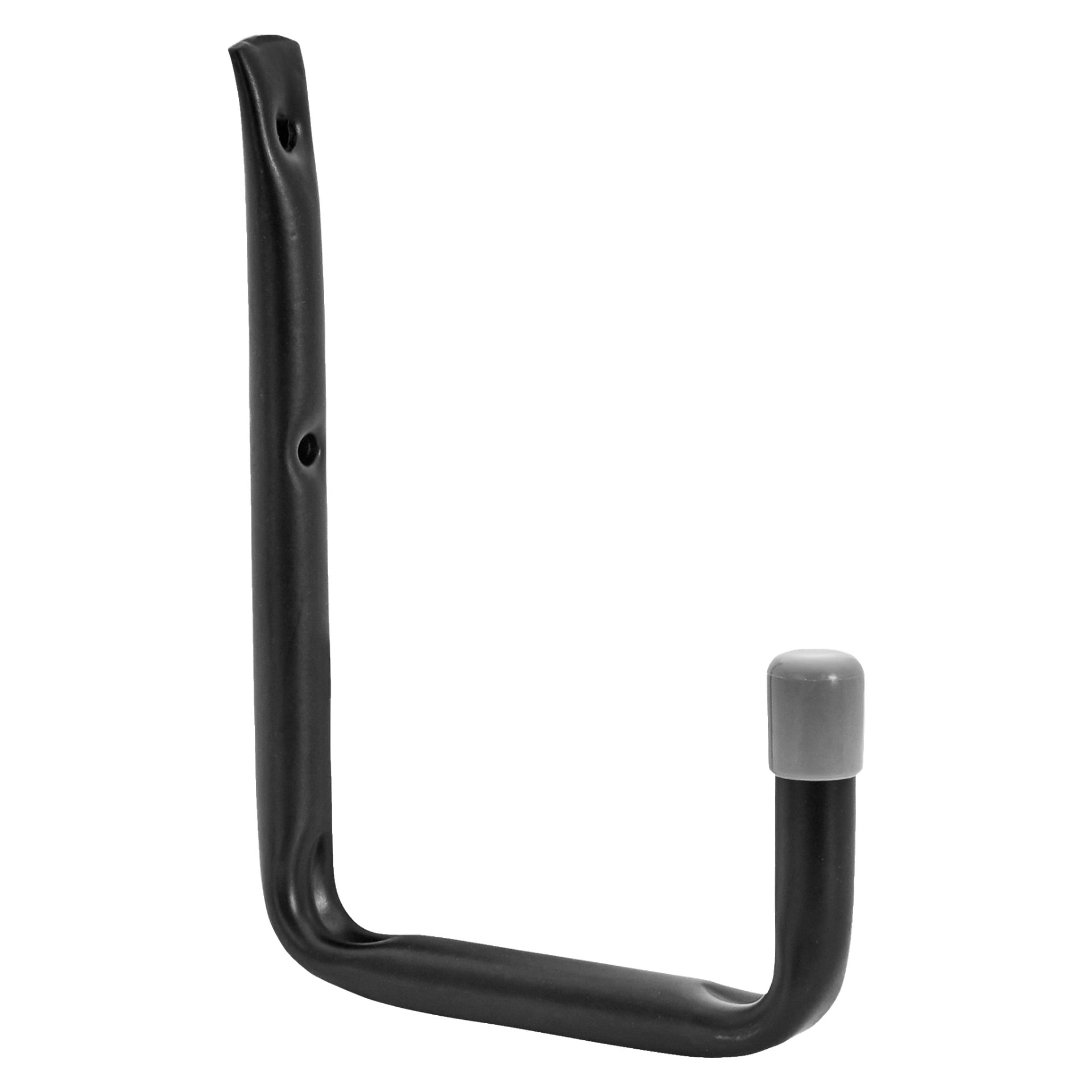 En svart metall Hard Head Tool Hook från ett sexdelat set, designad med 90-graders vinkel, två hål för montering och avslutad med en grå gummispets.