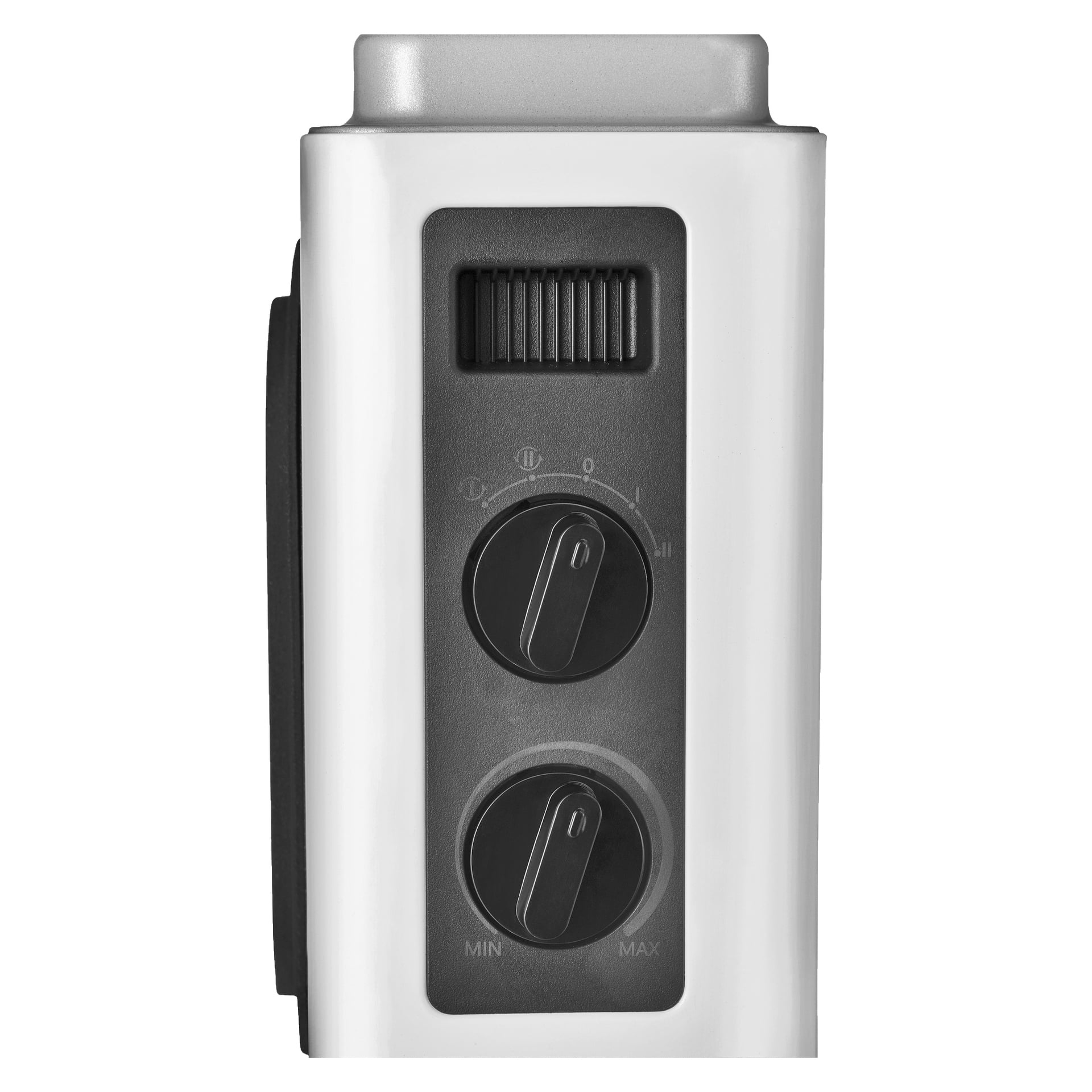 Närbild av Anslut konvektorvärmarens kontrollpanel, som visar två runda svarta rattar märkta MIN och MAX, med en liten svart reglage ovanför på den silver- och svarta enheten.