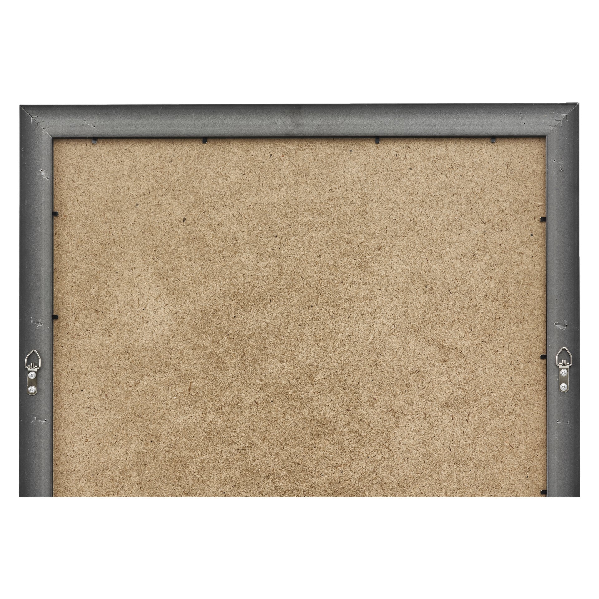 Fotot visar baksidan av en NO-märke EMW-fotoram, som har en rektangulär form med metallkanter, två fästen för upphängning och en central brun fiberboardpanel.