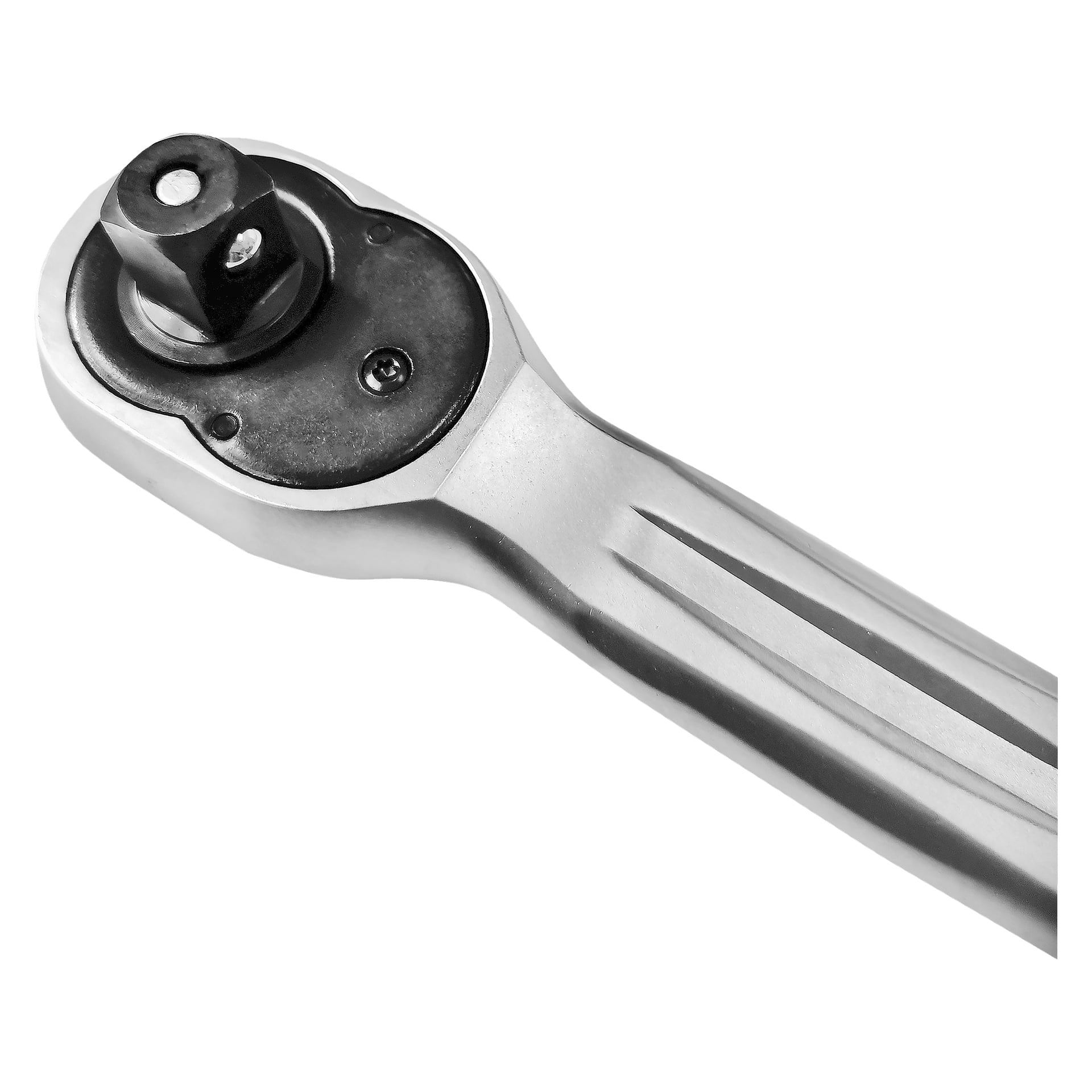 Lähikuva Meec Tools Ratchet -kahvasta, keskittyen kalvoon neliömäisellä vetimellä ja osaan kahvaa.