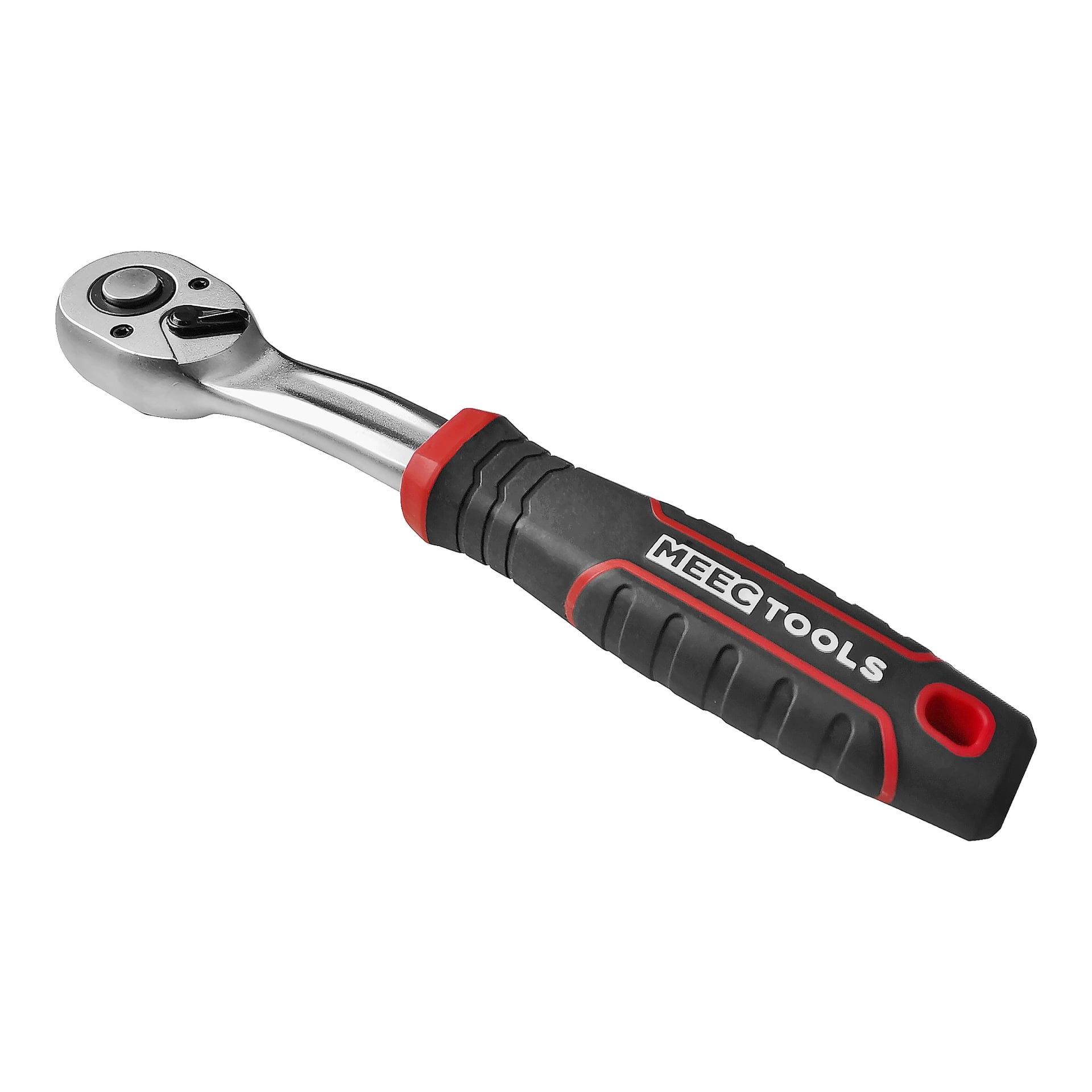 Lähikuva Meec Tools Ratchet -kahvasta, jossa on musta ja punainen kumikahva ja kiillotettu metallipää.