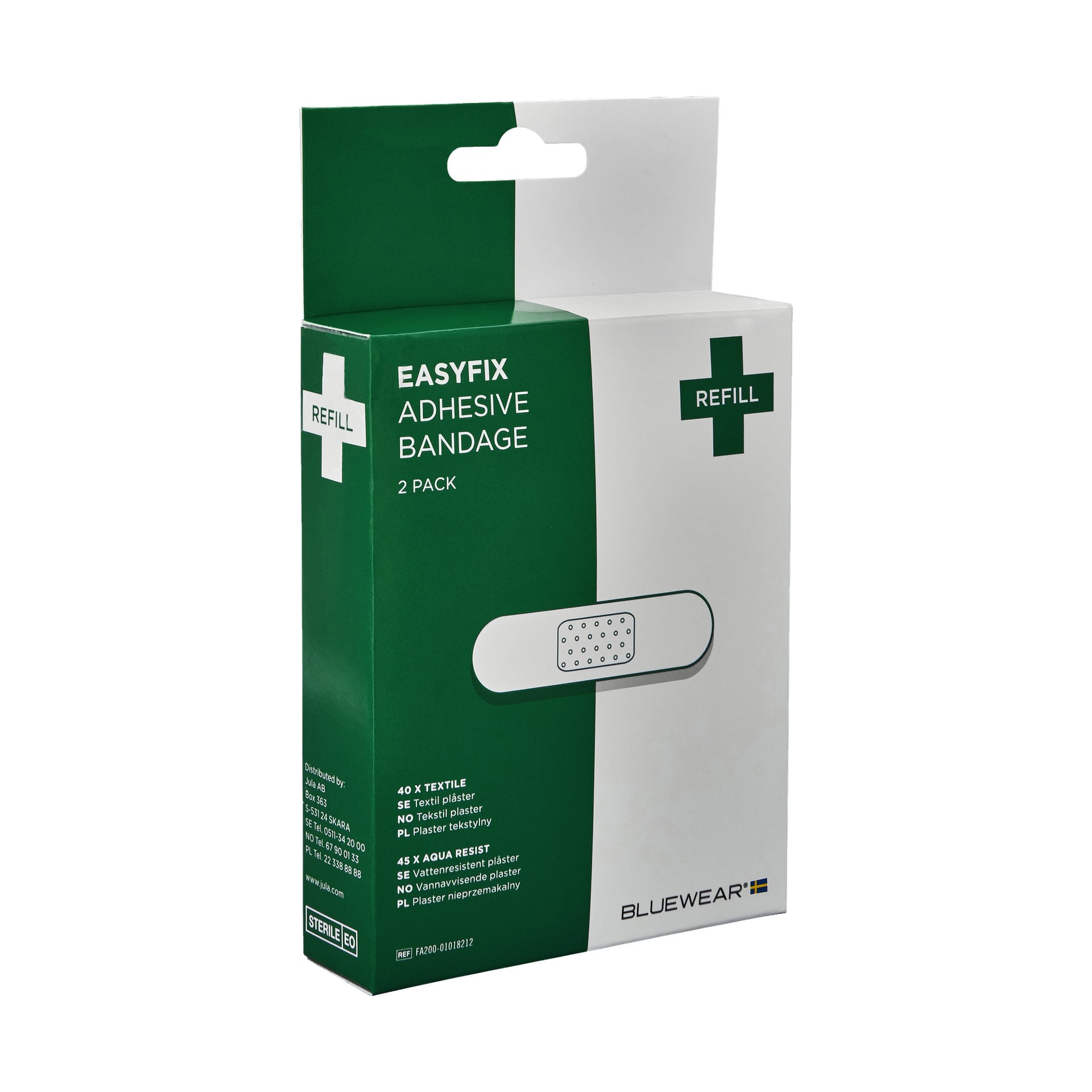 En grön och vit låda med texten Plasters Easyfix 85 pieces, en illustration av ett bandage på framsidan och ordet REFILL. Bluewear-logotypen finns nere i högra hörnet.