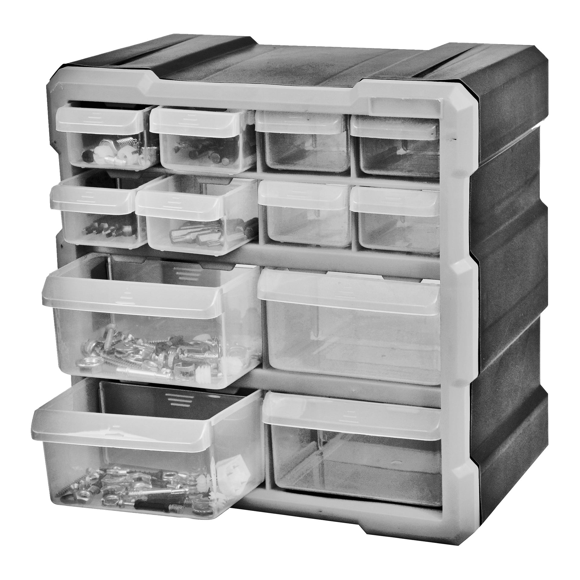 Prostokątny plastikowy organizer do przechowywania oznaczony jako Hard Head Assortment, wyposażony w kilka przezroczystych szuflad — niektóre otwarte i zawierające różne drobne elementy, takie jak śruby, nakrętki i śruby — z wzmocnionymi krawędziami dla trwałości.