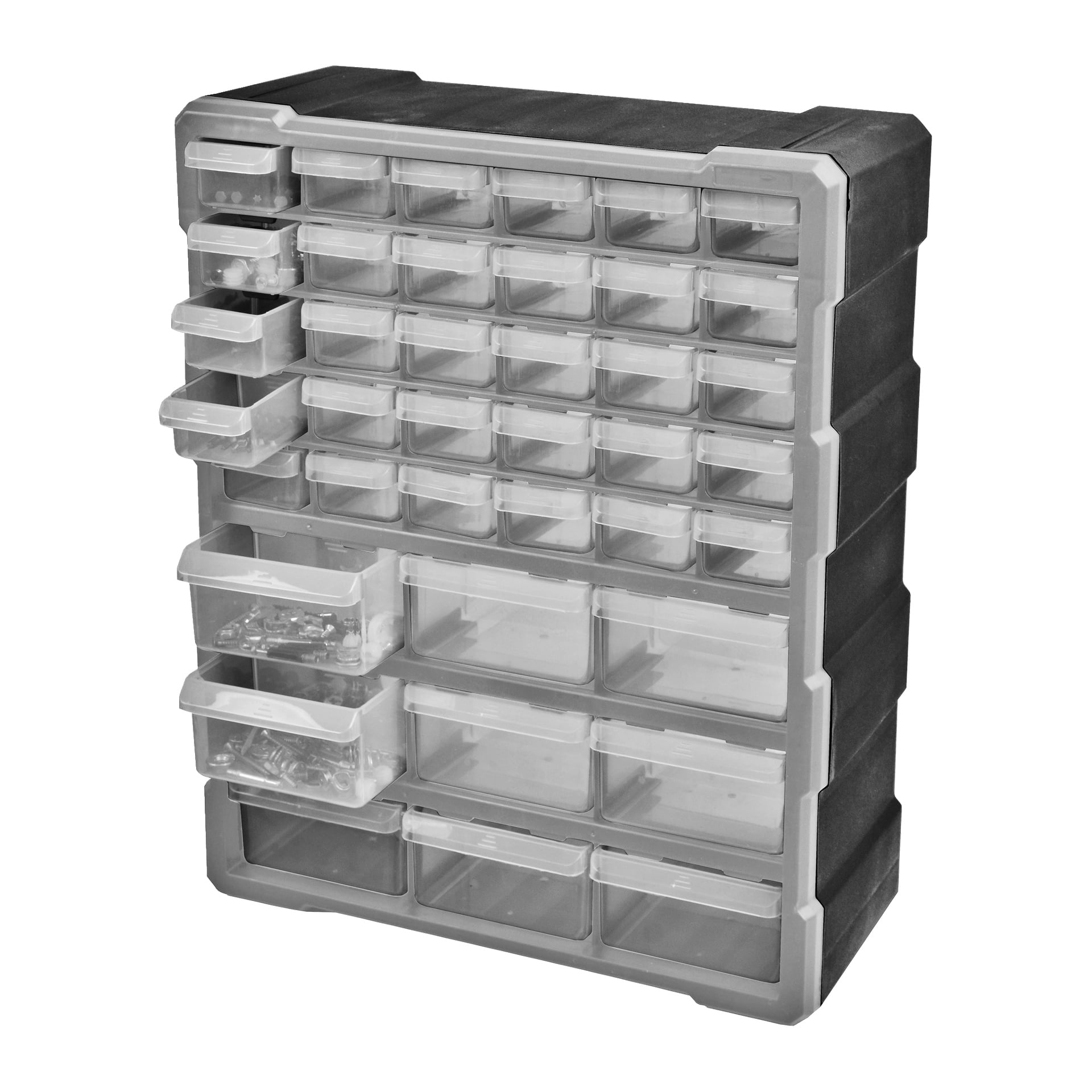 Szafka Hard Head Assortment to czarno-szary plastikowy magazynek z kilkoma przezroczystymi szufladami różnych rozmiarów, niektóre lekko otwarte i zawierające różne drobne przedmioty.