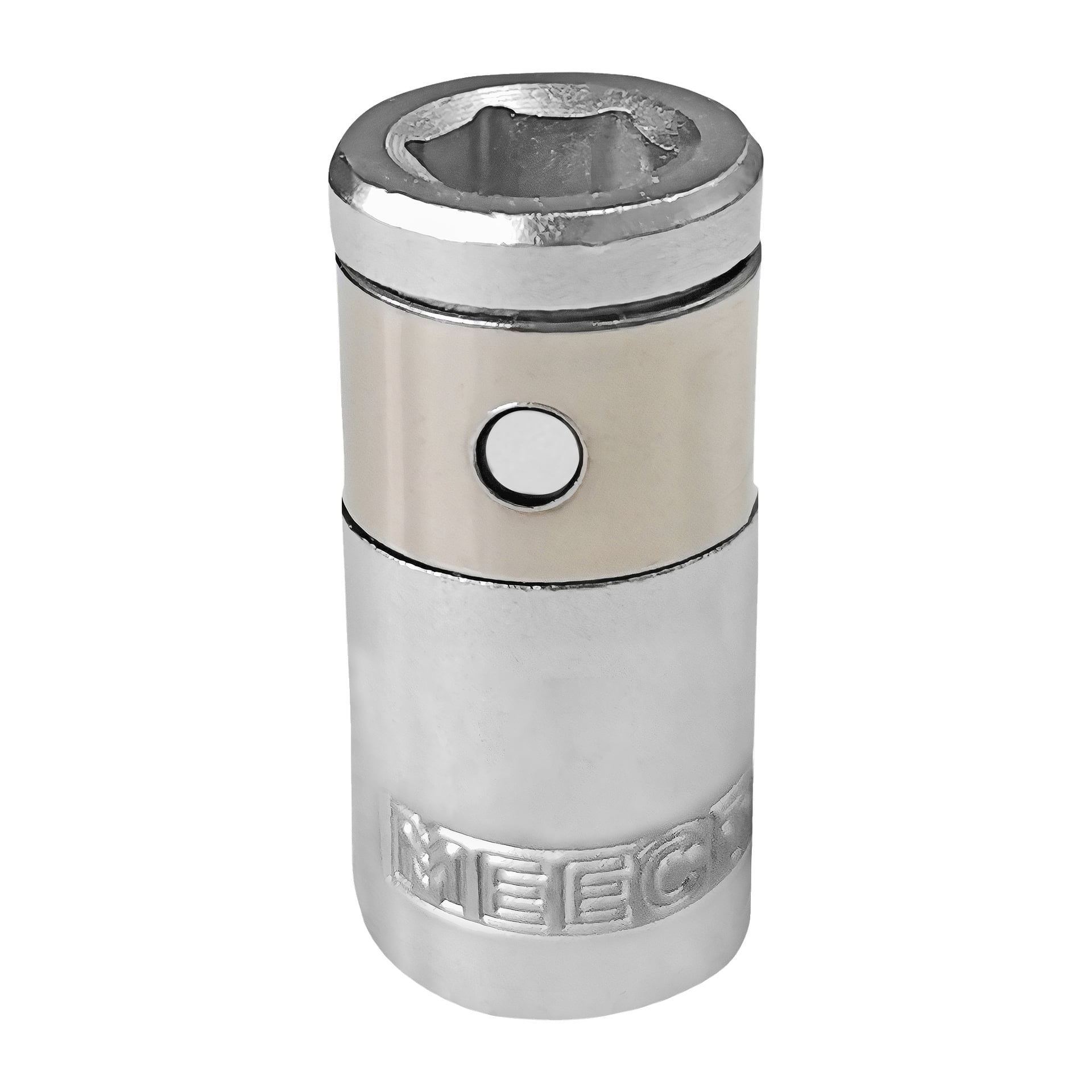 En sylindrisk bit-pipe laget av Meec Tools, med en sekskantformet åpning, et sidehull og "MEECE" inngravert nær basen. Verktøyet har en polert, reflekterende metalloverflate.