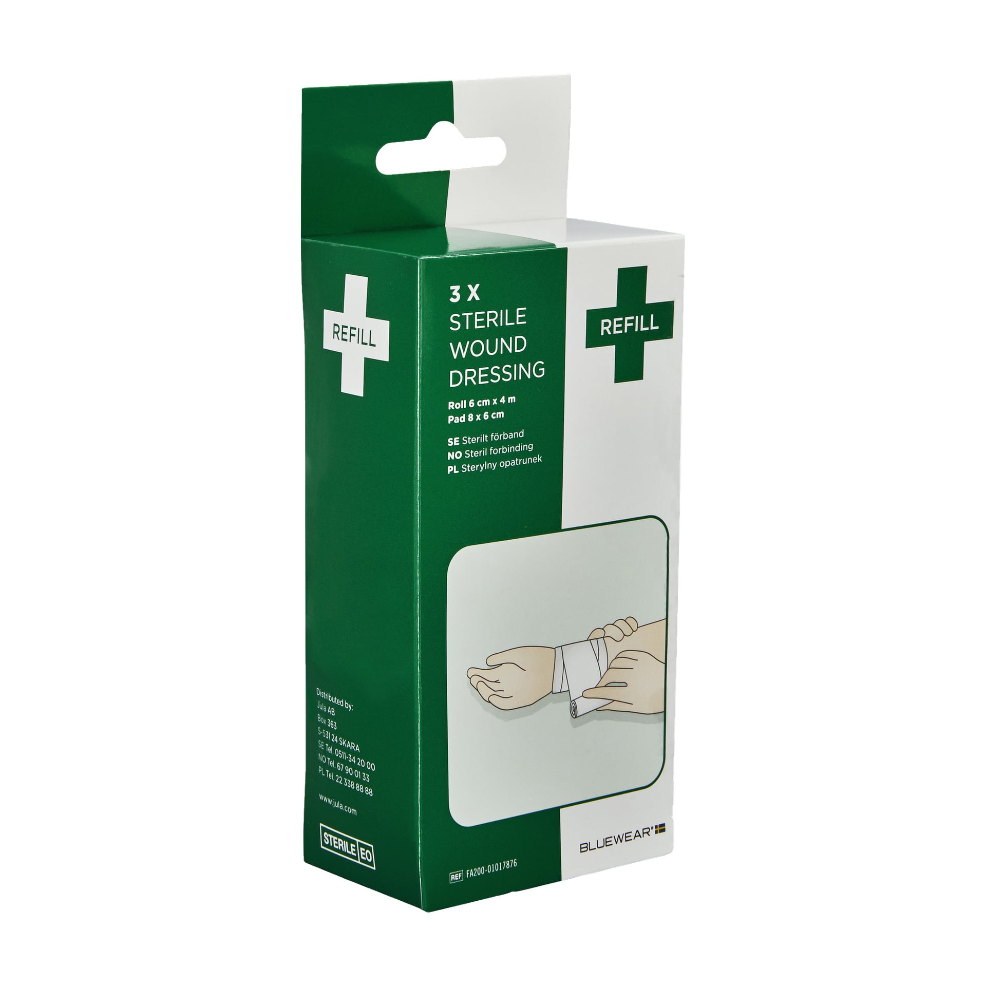En grön och vit Bluewear Pressure Bandage-låda visar en illustration av händer som lindar ett bandage. Lådan står upprätt med en hängande flik och visar storlek och produktinformation.
