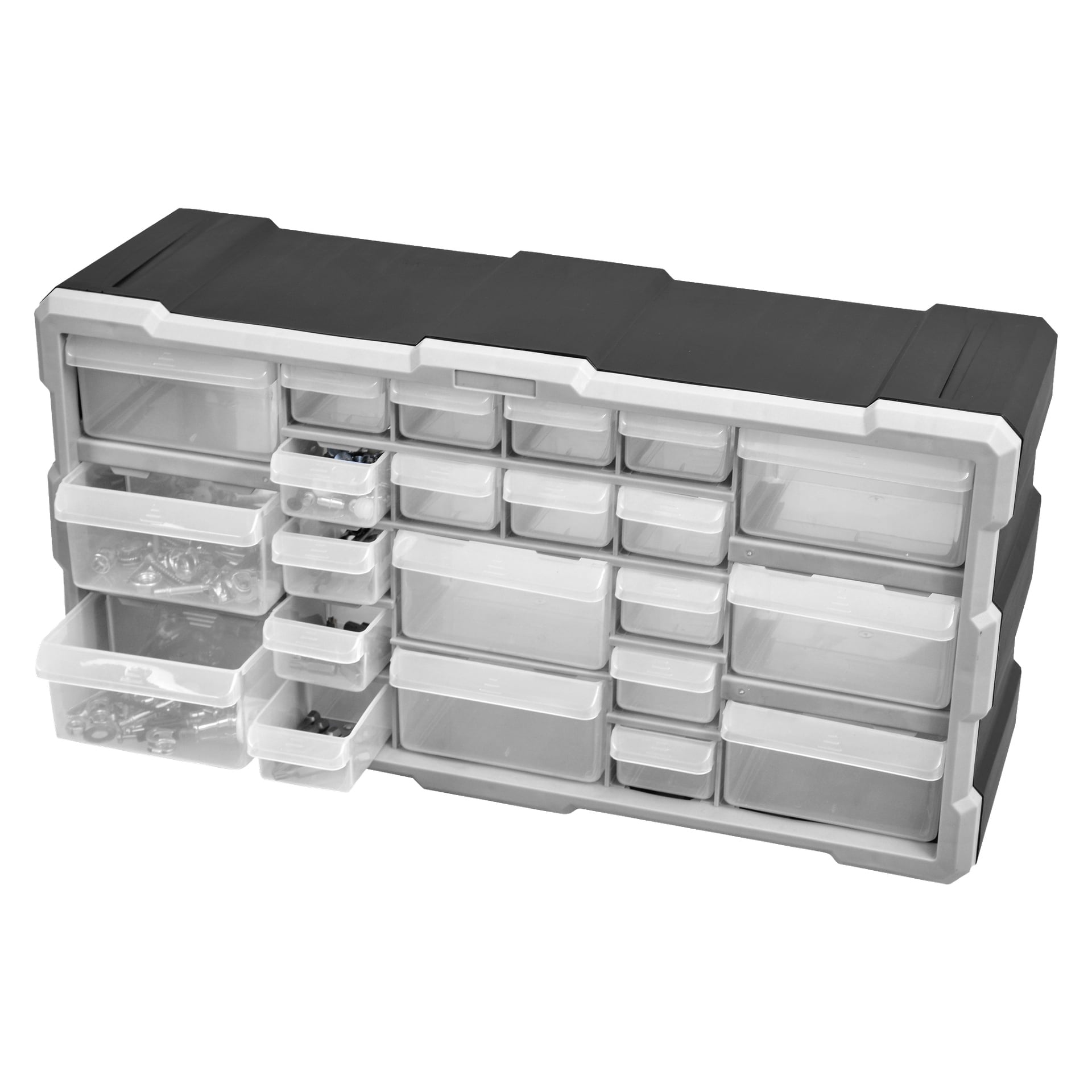 Hard Head Assortment Cabinet, jossa on 22 pientä läpinäkyvää laatikkoa, joista useissa on metalliruuveja ja kiinnikkeitä, ja ne on suljettu mustavalkoiseen kehykseen. Tämä kaappi toimii käytännöllisenä säilytysratkaisuna rauta- tai askartelutarvikkeille.