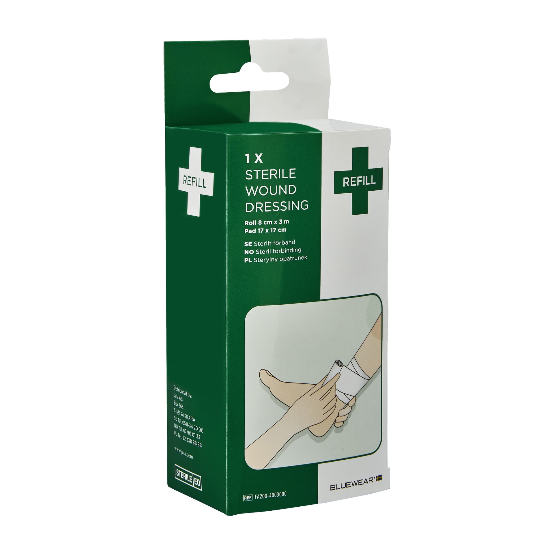 En grön och vit låda med orden Tryckbandage, med en illustration av en hand som lindar ett bandage runt en vrist. Produktdetaljer och Bluewear-logotypen finns nere i högra hörnet.