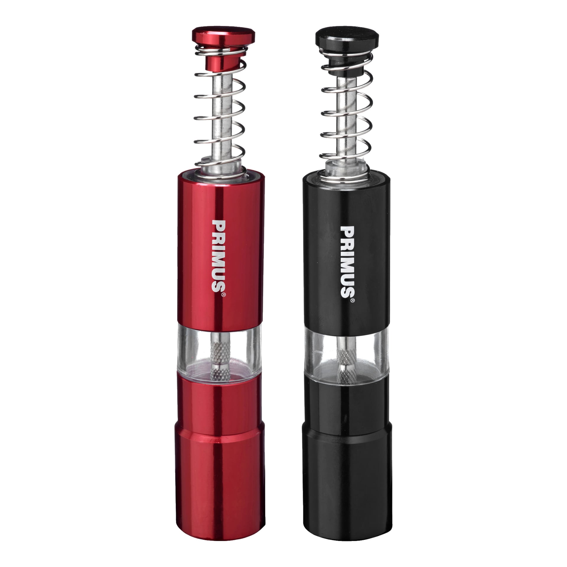 Ett par Primus-handdrivna fräsar, en röd och en svart, båda med exponerade metallfjädrar och transparenta sektioner som visar interiören. Förpackningen visar frasen "Salt and pepper mill 2 pieces" i vitt.
