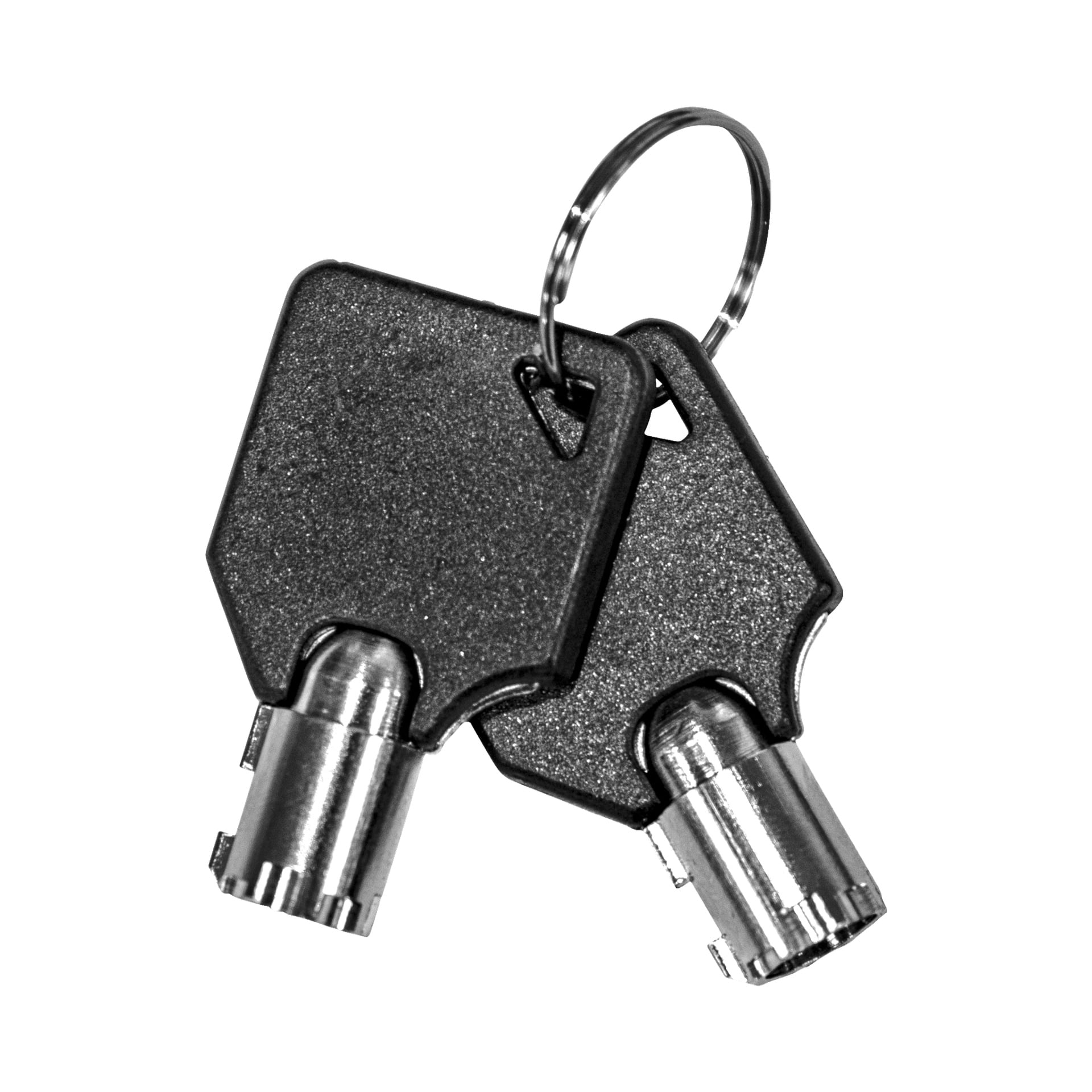 Två svarta, rektangulära Hard Head Safe-nycklar med cylindriska metalländar är fästa vid en liten metallnyckelring.