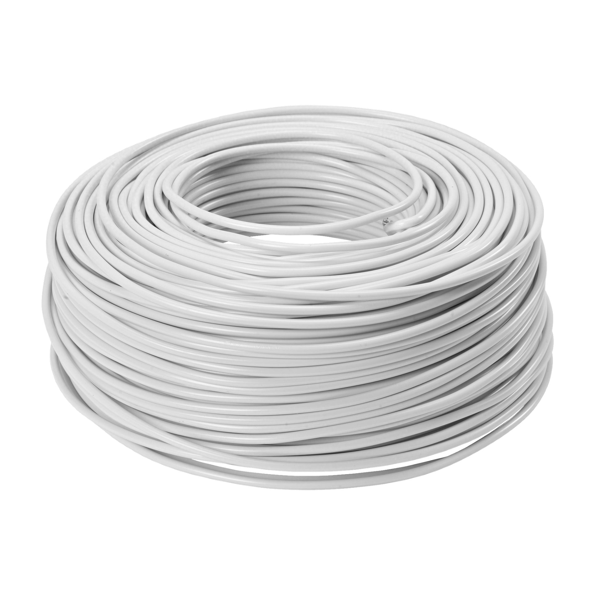 En stor spole av Amokabel strandad kabel med vit isolering är tätt lindad till en cirkel.