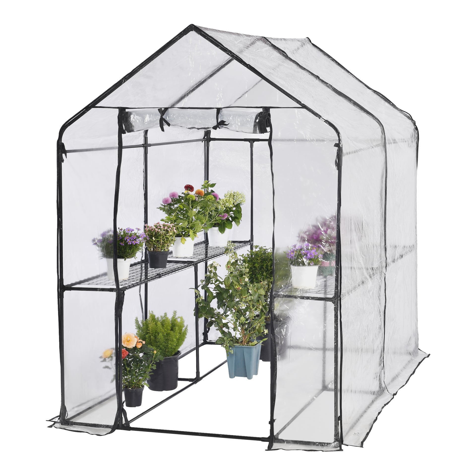 Hard Head Greenhouse är en kompakt, genomskinlig enhet med svart ram, som rymmer olika krukväxter och blommor på hyllor och golv.
