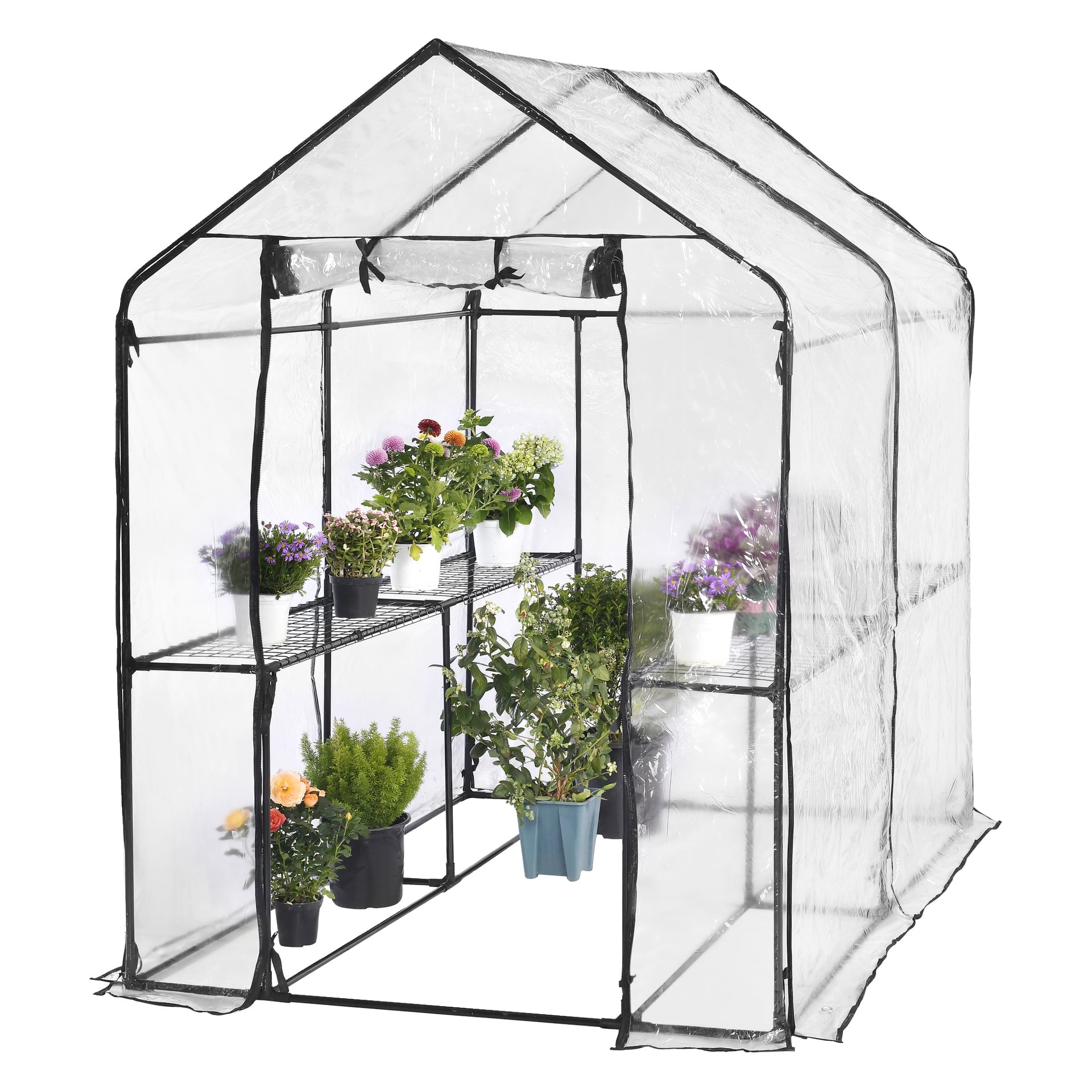 Ett Hard Head Greenhouse med en stadig svart ram och genomskinligt plastskydd, innehållande fyra hyllor fyllda med blommande krukväxter samt bladgrönsaker, med fler växter arrangerade på golvet inuti.