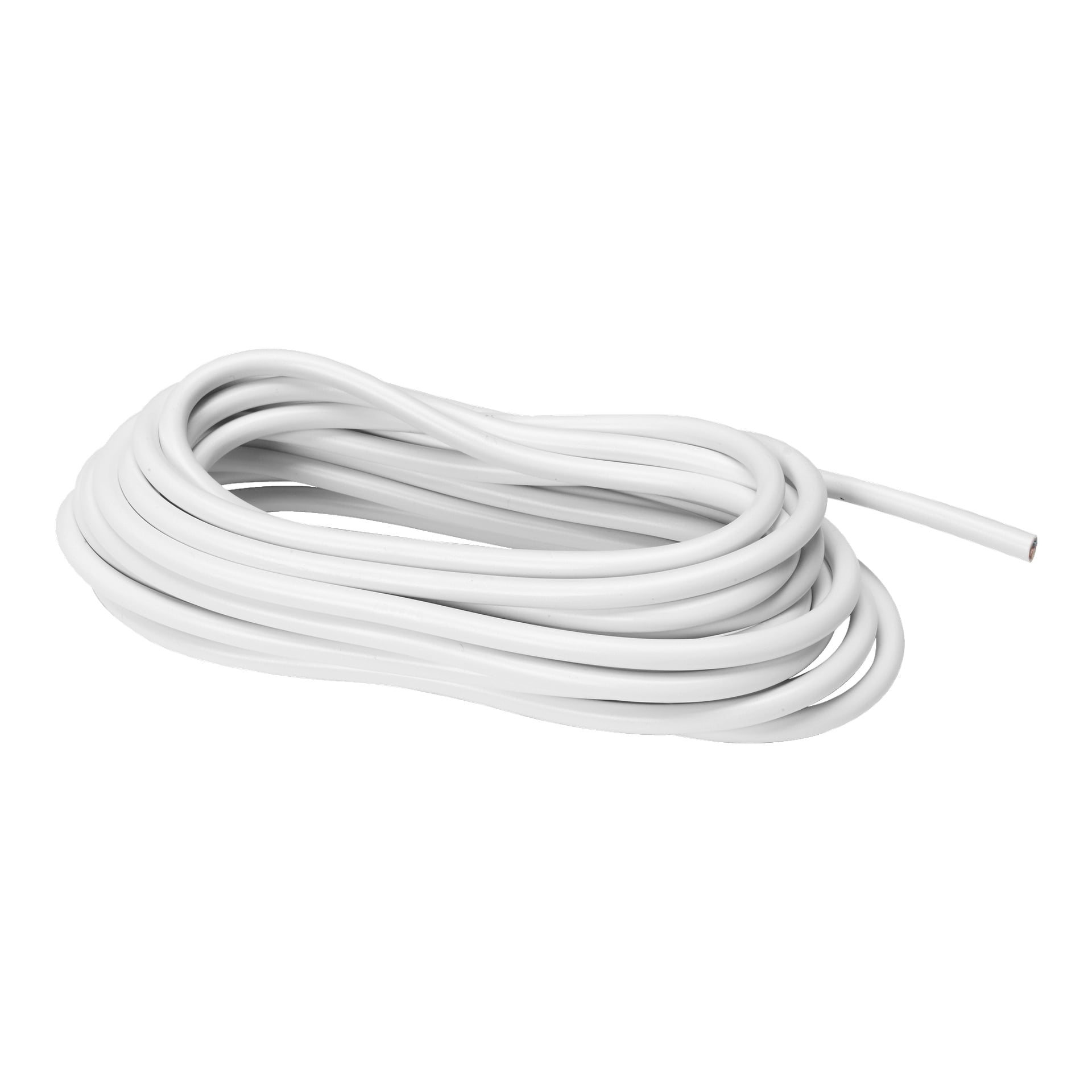 En spiralad Amokabel SKK-kabel i vitt, med ena änden något upprullad och såg oanvänd ut.