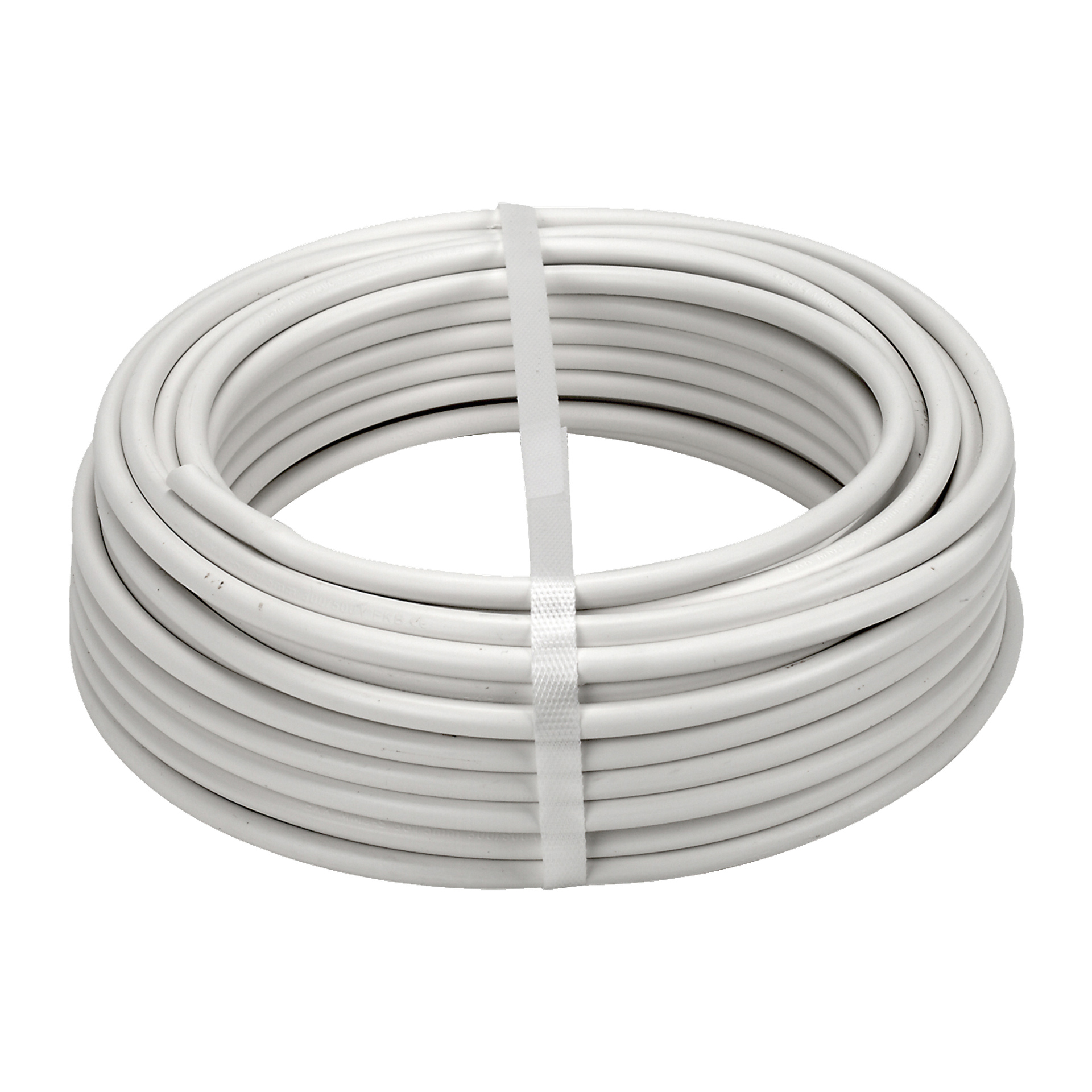 En prydligt lindad spole av Amokabel EKK-kabel med en slät vit utsida hålls ihop av ett vitt plastband, arrangerat i jämna lager.