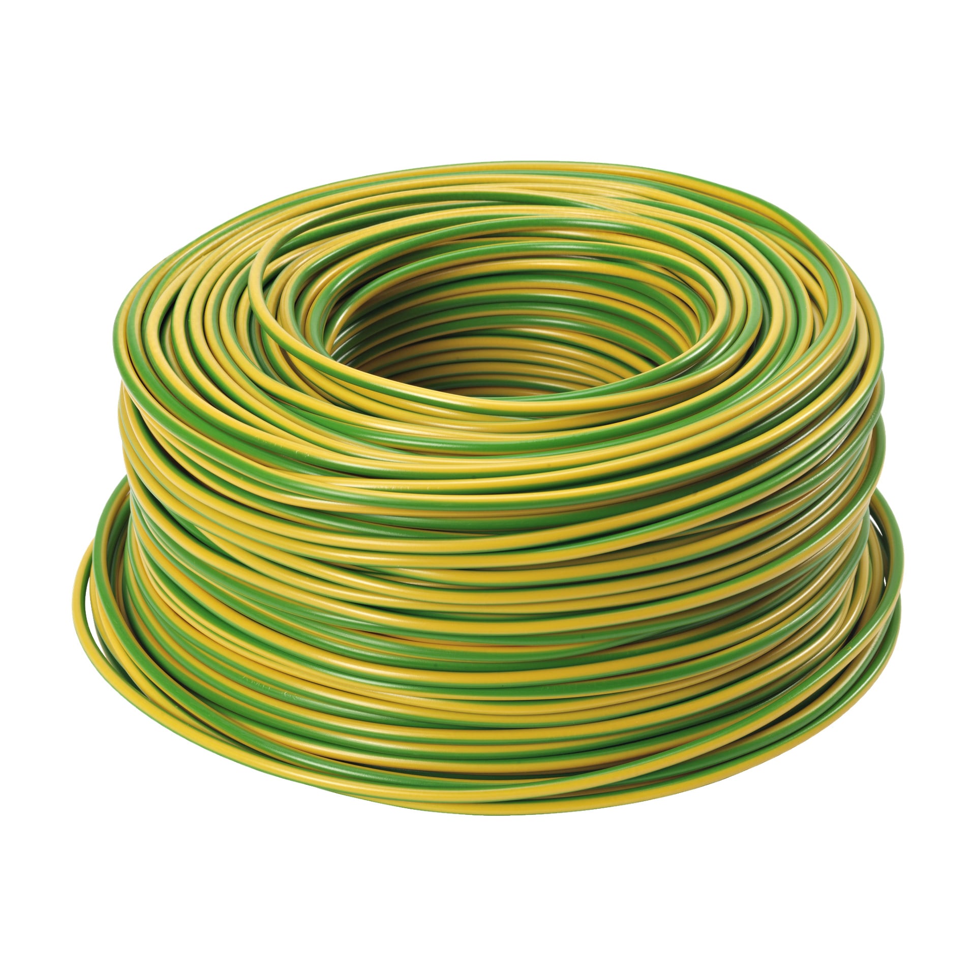 En stor spole av Amokabel Stranded-kabel, med växelvis grön och gulrandig isolering, prydligt lindad till en cirkulär stapel.