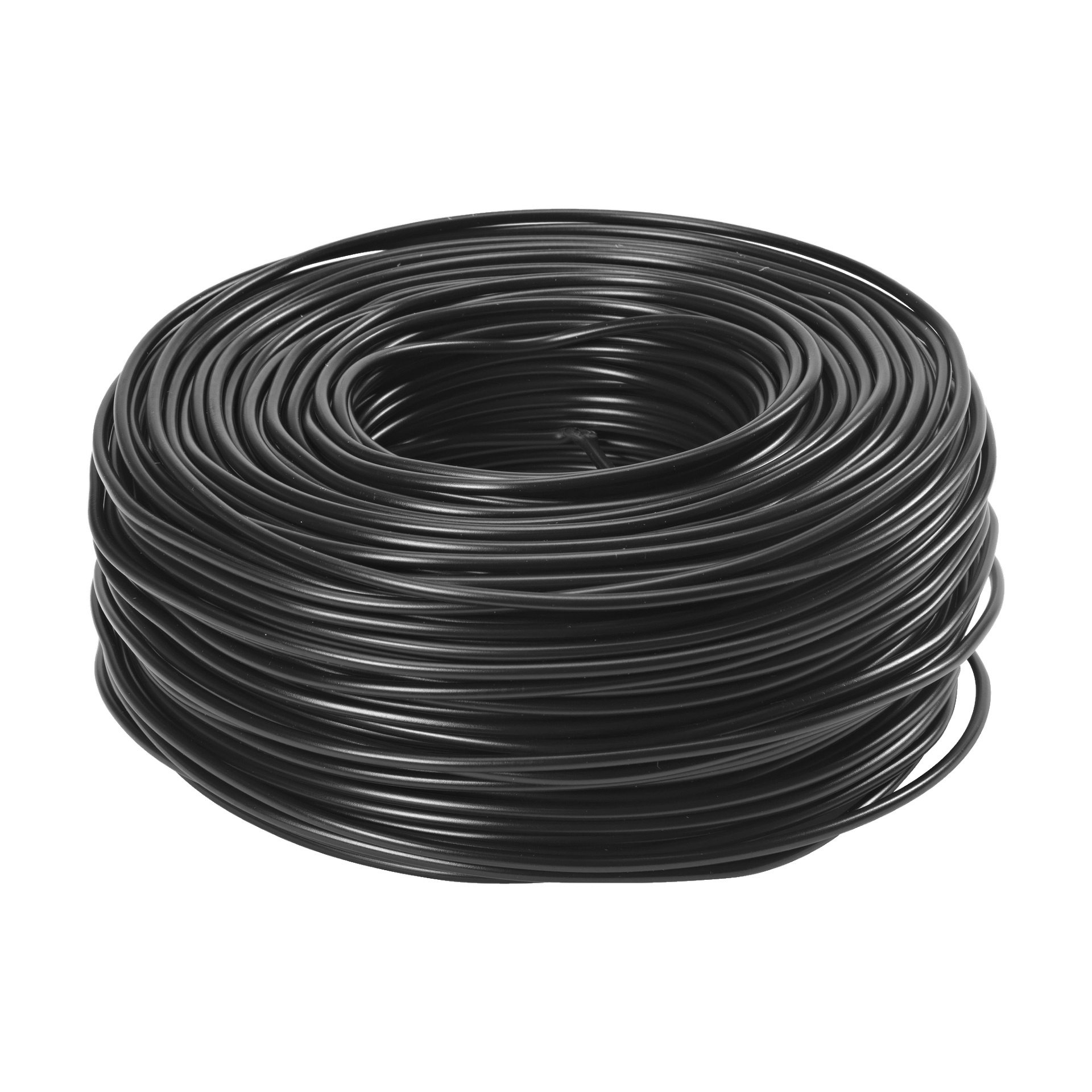 En stor spole av Amokabel trådad svart kabel är tätt lindad i en cirkulär form, med flera överlappande öglor och ett ihåligt centrum.
