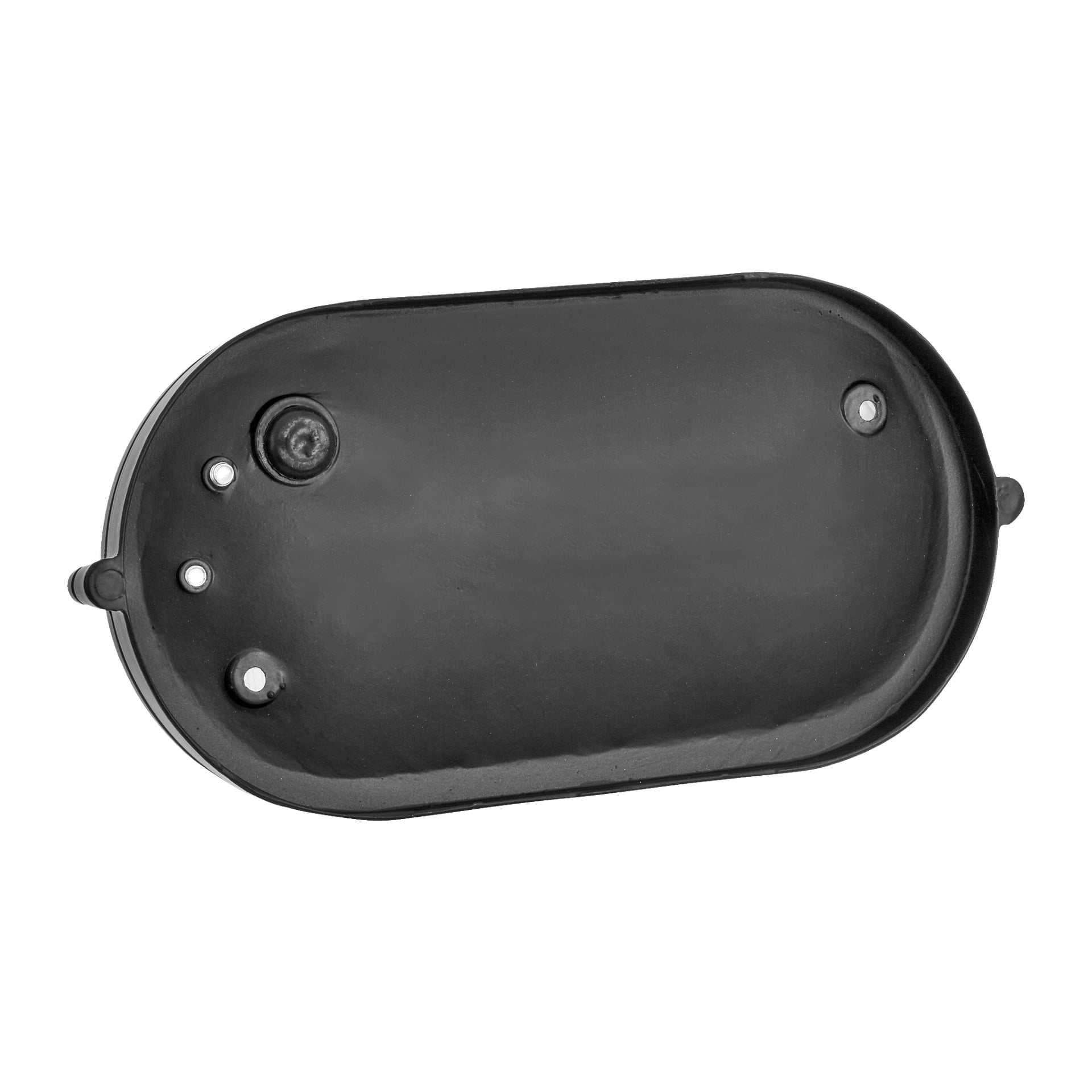 , owalna metalowa lampa Bulkhead od Anslut z trzema małymi okrągłymi otworami i pojedynczym podniesionym, okrągłym wypukłym wypukłym elementem, najwyraźniej zaprojektowana jako pokrywa lub pokrywa dla oprawy oświetleniowej lub sprzętu mechanicznego.