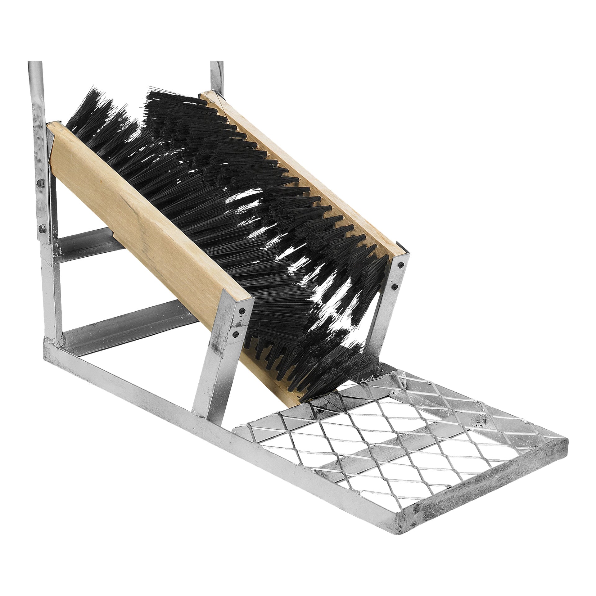Ett stövelrengöringsverktyg av metall och trä, designat med fasta svarta borst och ett robust metallgaller för att hjälpa till att ta bort smuts från skorna.