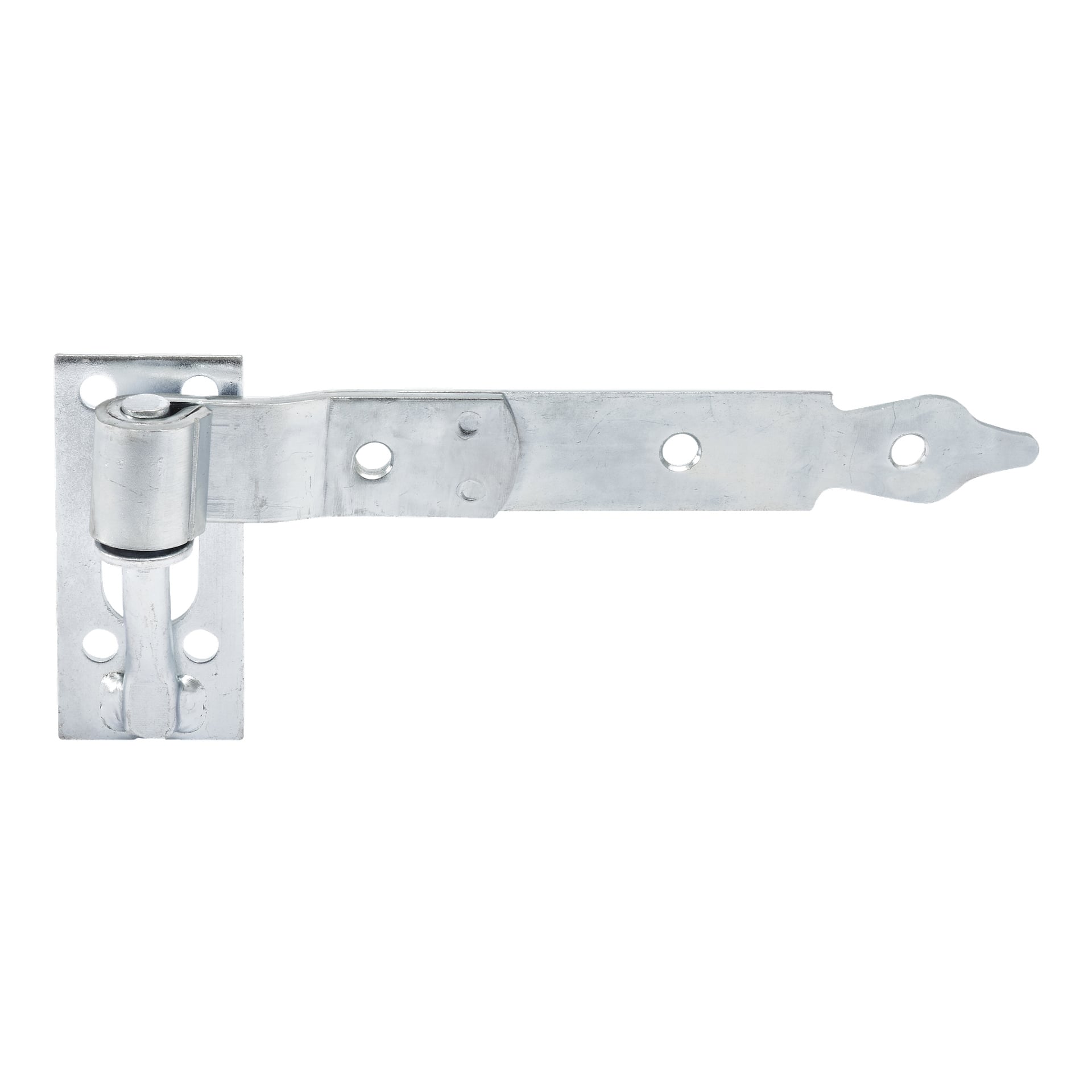 Et nærbilde av Hard Head Strap-hengslets 2-pack viser en metalllås koblet til et solid hengsel. Designet er enkelt og funksjonelt, med flere skruehull synlige på låsen for montering.