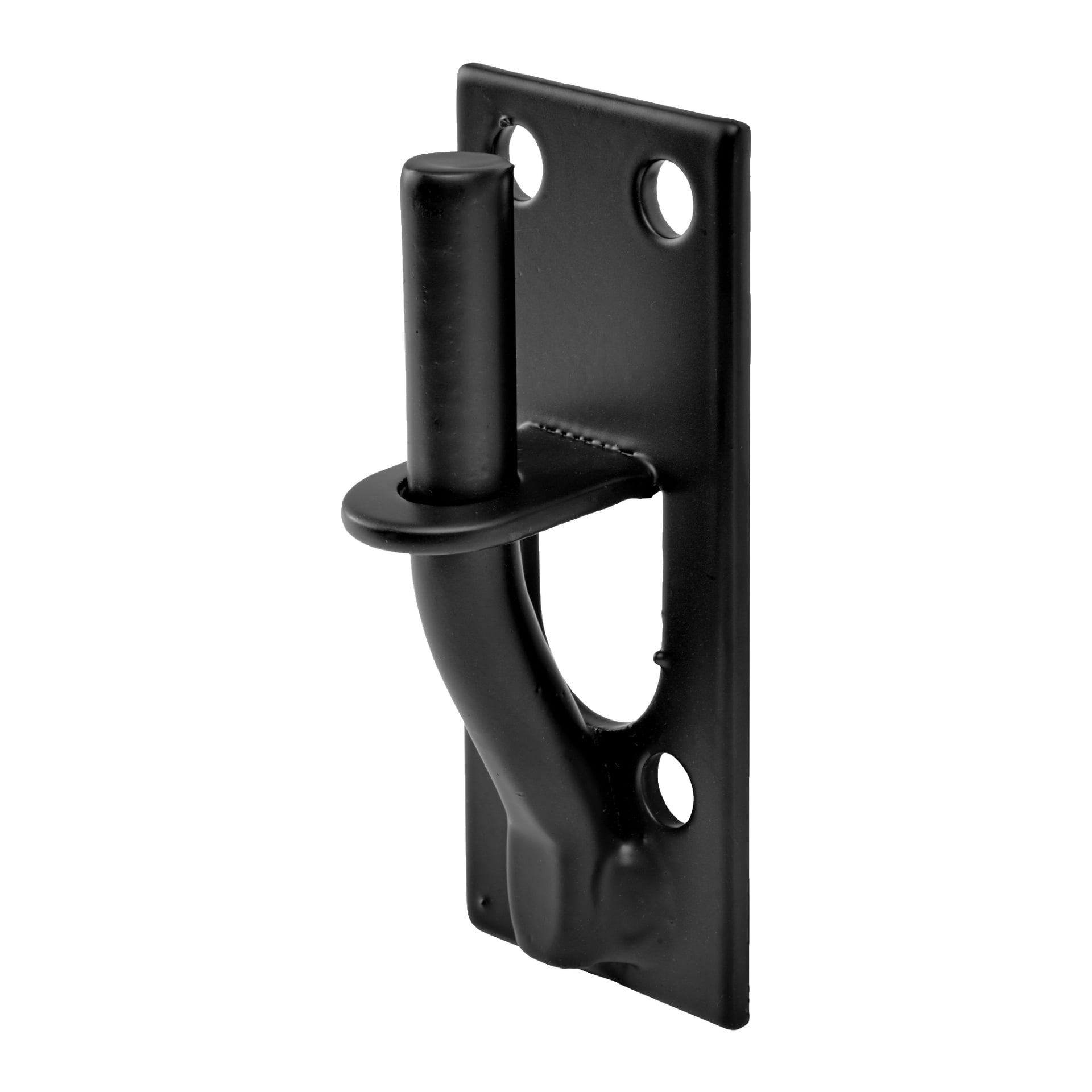 Detta Hard Head Strap Hinge 2 Pack innehåller stadiga svartmetallfästen med cylindriska tappar fästa vid rektangulära plattor, där varje platta har tre skruvhål. Den mjukt böjda formen är utformad för säkert stöd eller hängande ändamål.