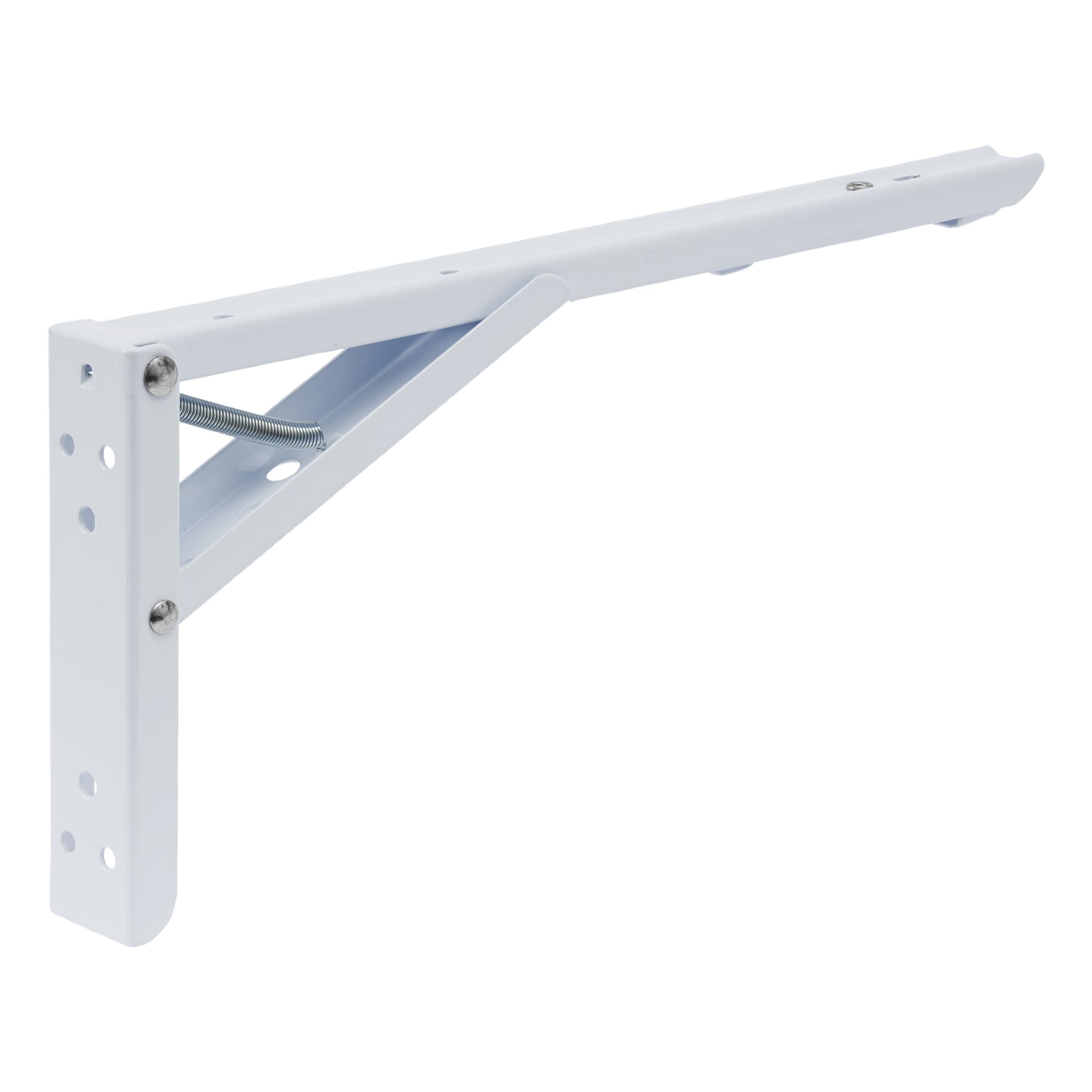 Hard Head Foldable Brackets 2 Pack sisältää valkoiset metallikiinnikkeet, joissa on jousimekanismi ja useita ruuvinreikiä, jotka kiinnitetään tukevasti sekä hyllyihin että seiniin. Yksi sulku on esitetty taitettuna suorassa kulmassa.