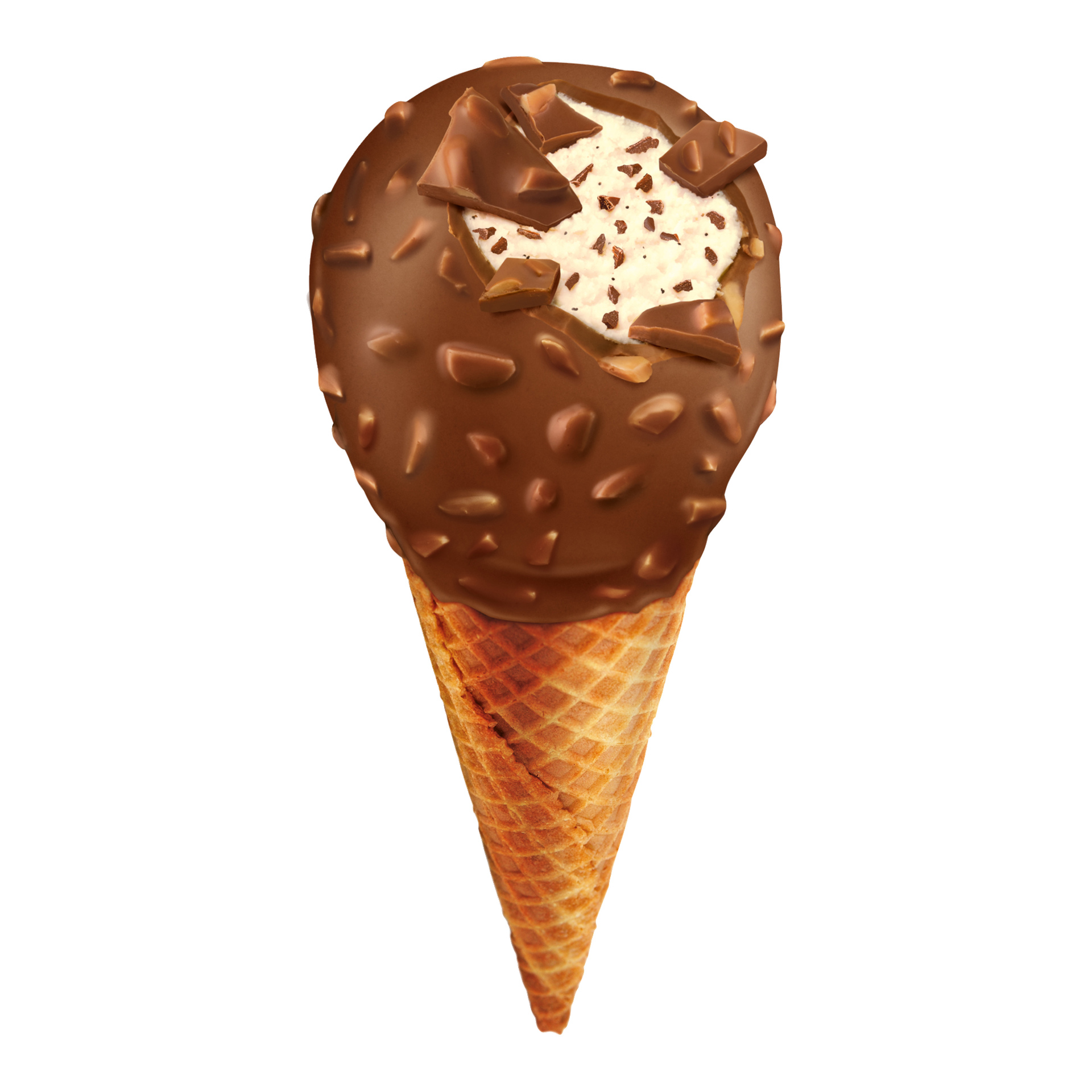 Lody waniliowe w rożku gofrowym, z czekoladową skorupką, posiekanymi orzechami i kawałkami czekolady.