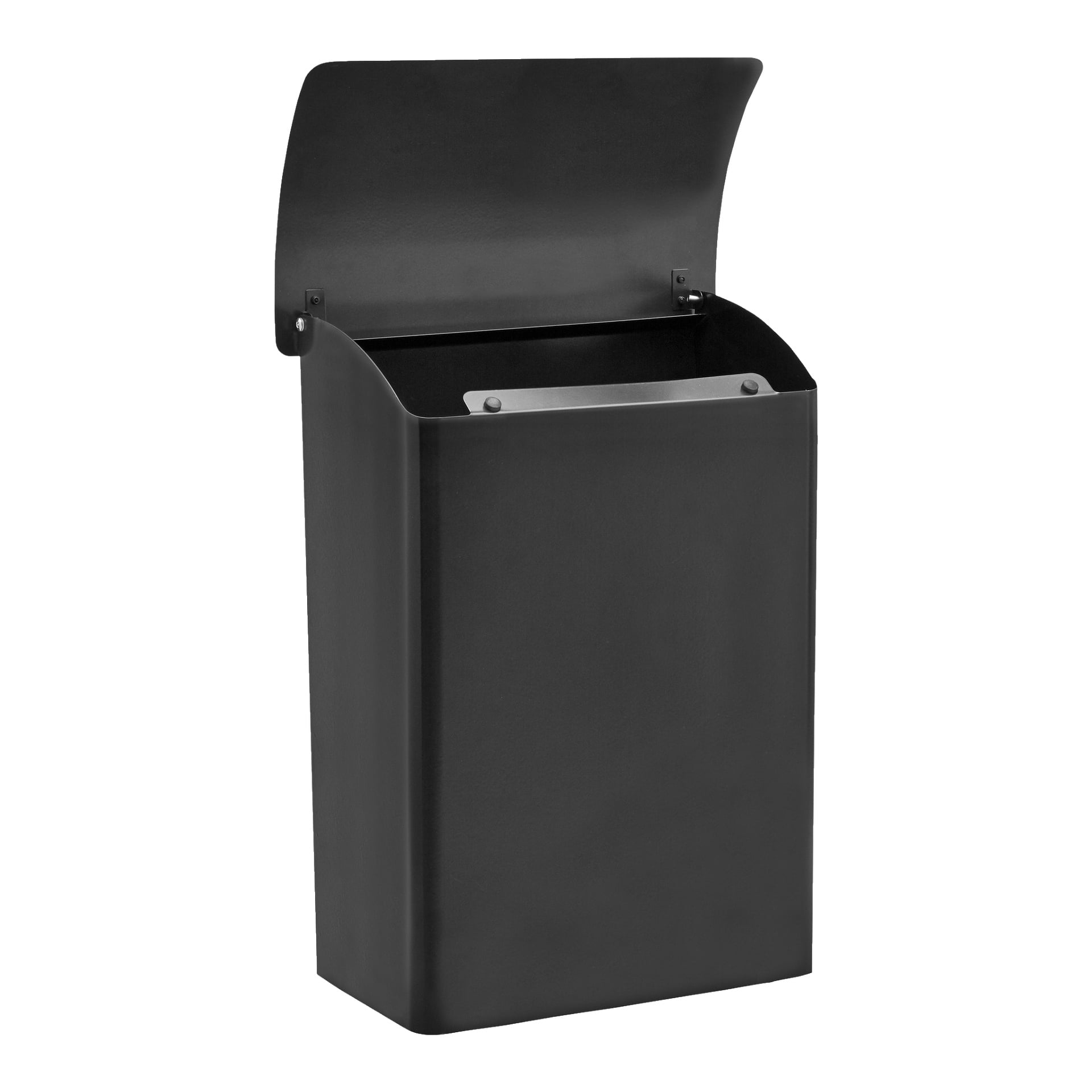Hard Head Postbox är en slank svart brevlåda med en modern rektangulär form och släta kanter, designad för väggmontering. Det gångjärnsförsedda locket upptill är öppet, vilket tydligt visar brevfacket inuti. Brevlådan är tom.