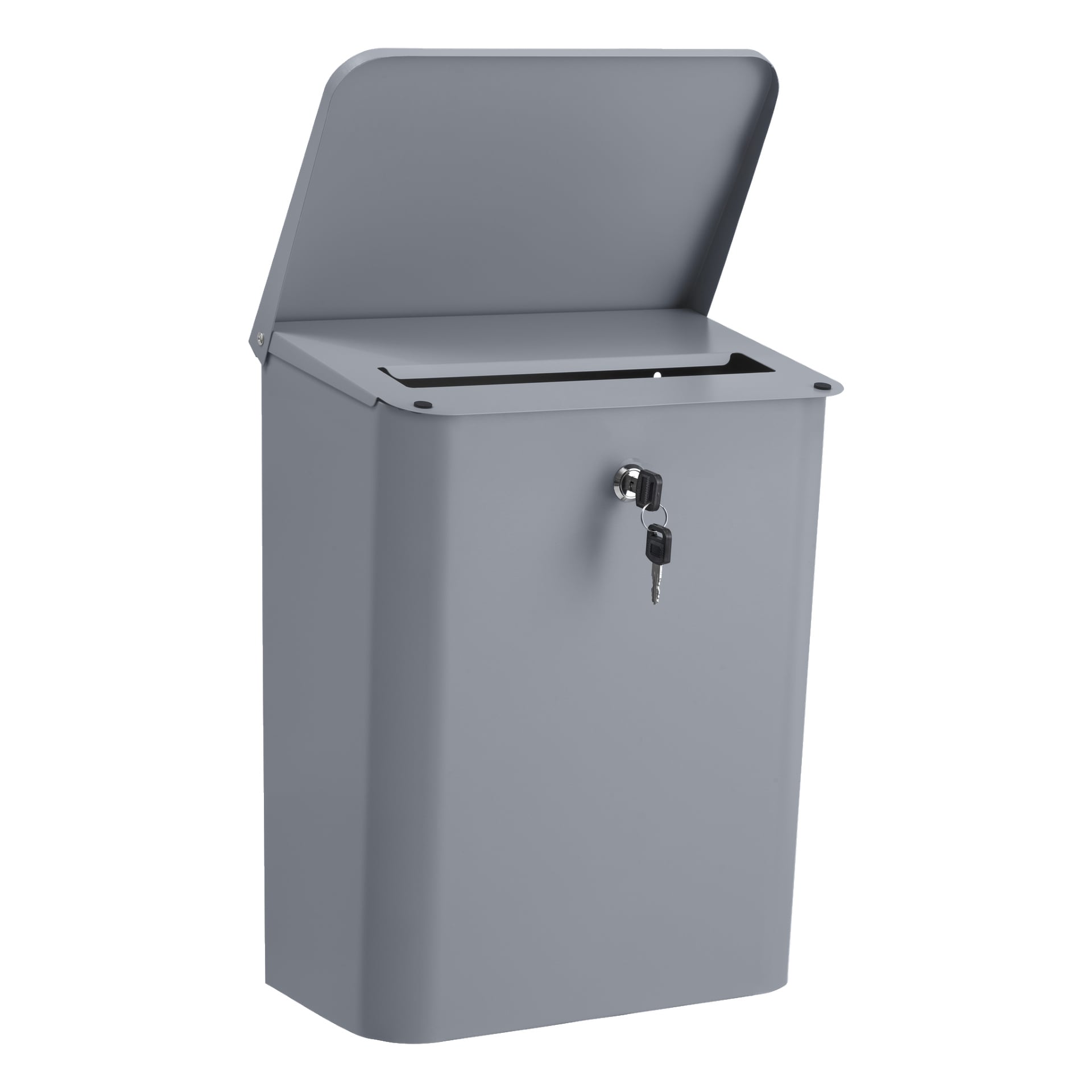 Hard Head Lockable -postilaatikko on harmaa metallilaatikko, jossa on yläaukko, osittain auki oleva saranoitu kansi ja etulukko, jossa on kaksi sisään asetettua avainta.
