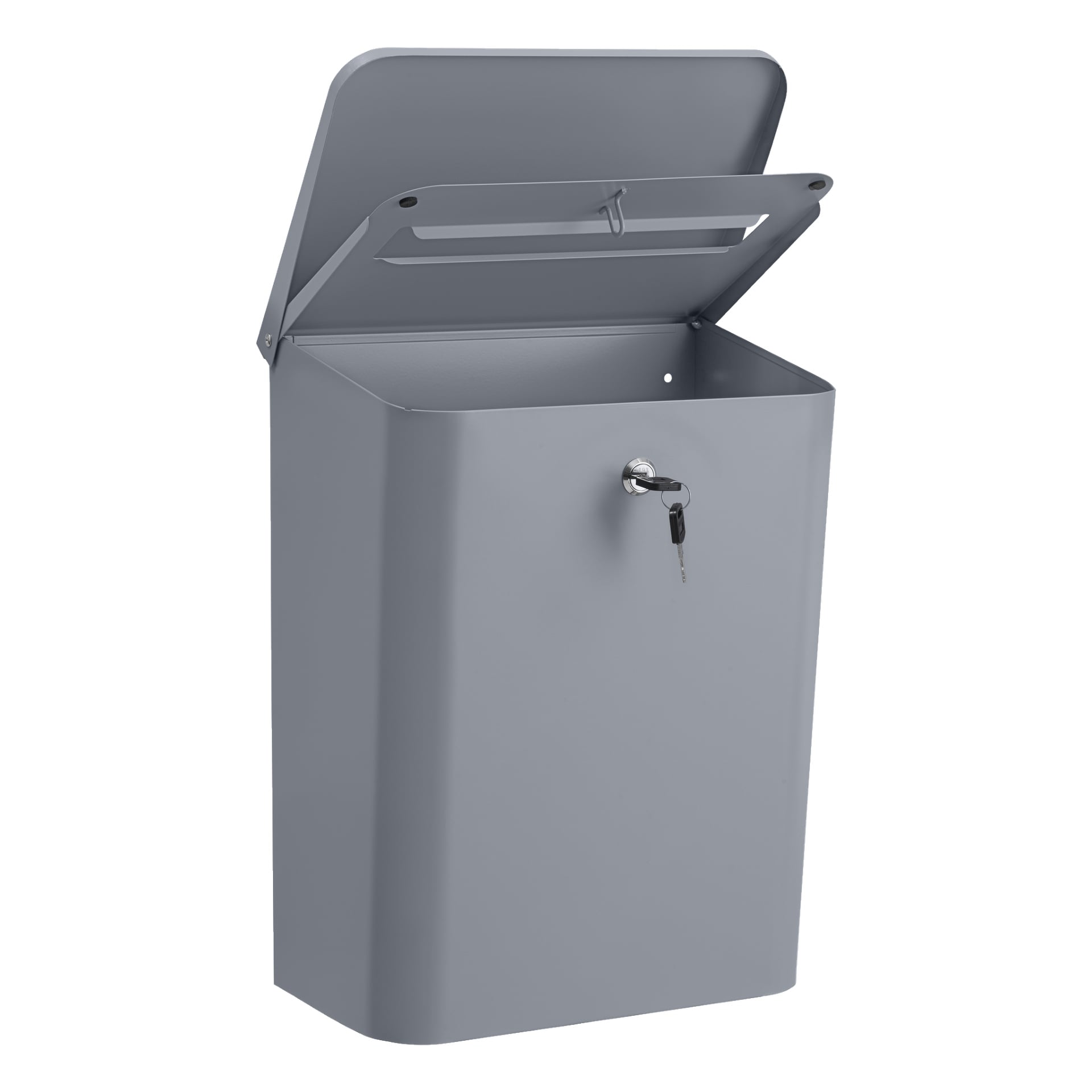 Harmaa Hard Head -seinään kiinnitettävä postilaatikko on kansi auki, ja lukossa keskellä on avain.