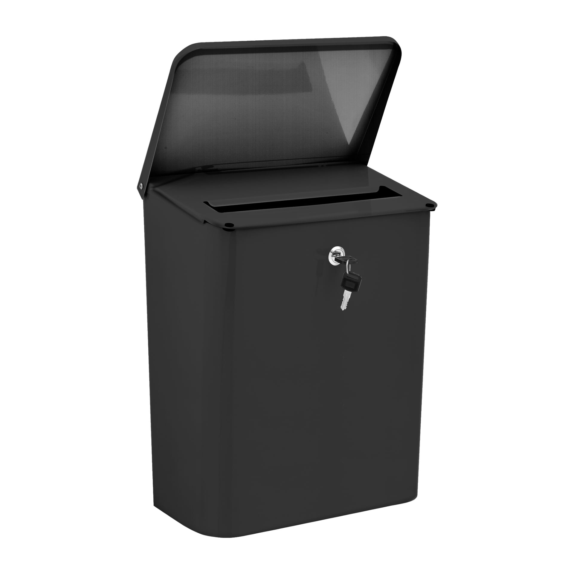 Hard Head Lockable -postilaatikko on musta seinälle kiinnitetty postilaatikko, jossa on lukittava etupaneeli ja yläosa postiaukko. Kansi on auki, jolloin aukko näkyy, ja lukkoon on asetettu avain.
