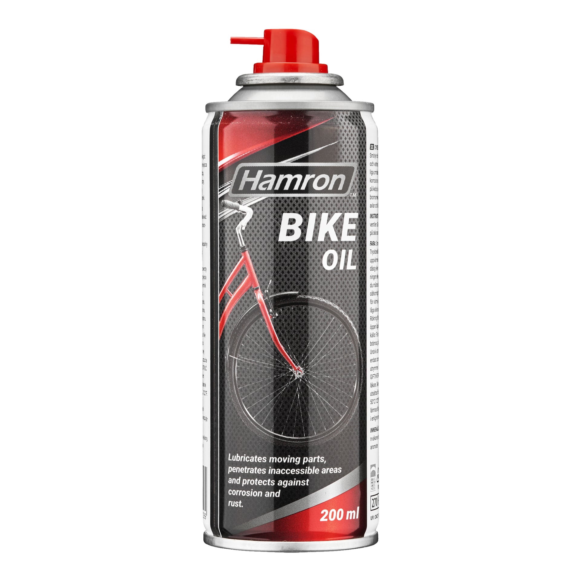 En 200 ml Hamron Cycle Oil burk med ett rött munstycke. Etiketten visar ett rött cykelhjul och anger att oljan hjälper till att smörja rörliga delar, når otillgängliga områden och ger skydd mot rost och korrosion.
