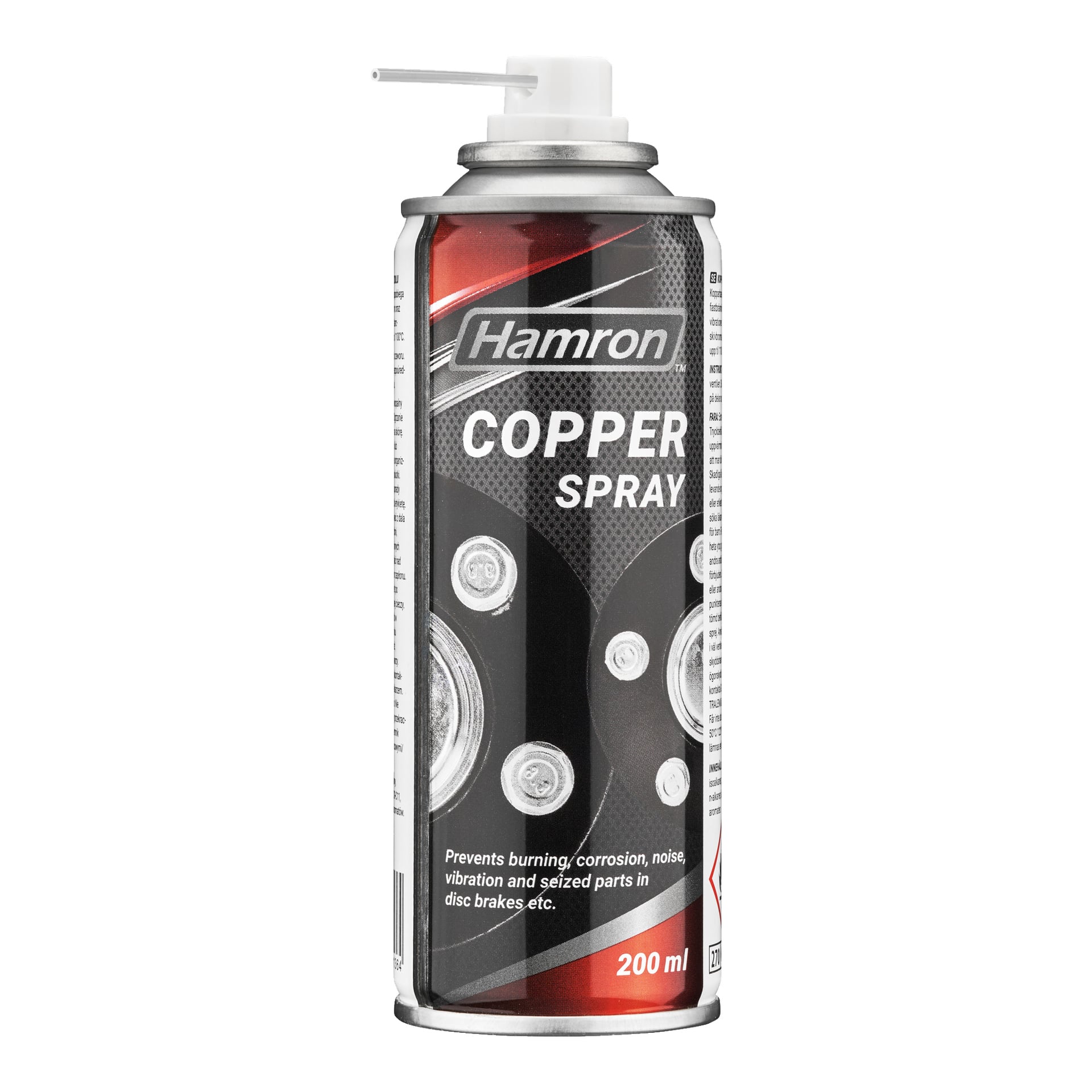 En 200 ml Hamron kopparsprayburk med svart, silver och röd grafik samt ett praktiskt munstycke, utformad för att skydda skivbromsar från brännskada, korrosion, buller, vibrationer och fastsit.