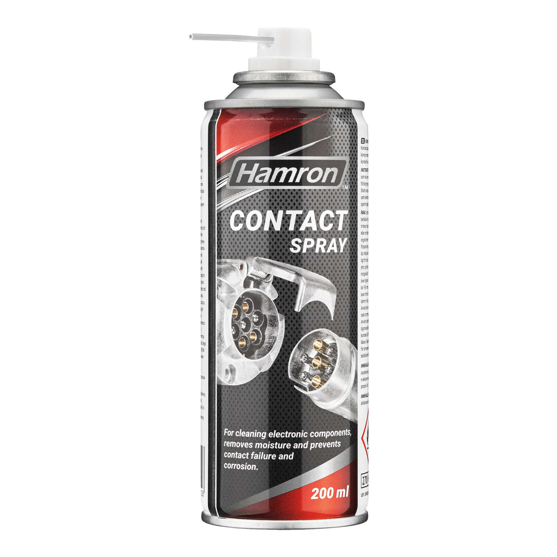 En 200 ml burk Hamron Contact Spray med bilder på elektroniska kontakter på etiketten. Förpackningen framhäver dess förmåga att rengöra elektroniska komponenter och skydda mot korrosion och kontakt.