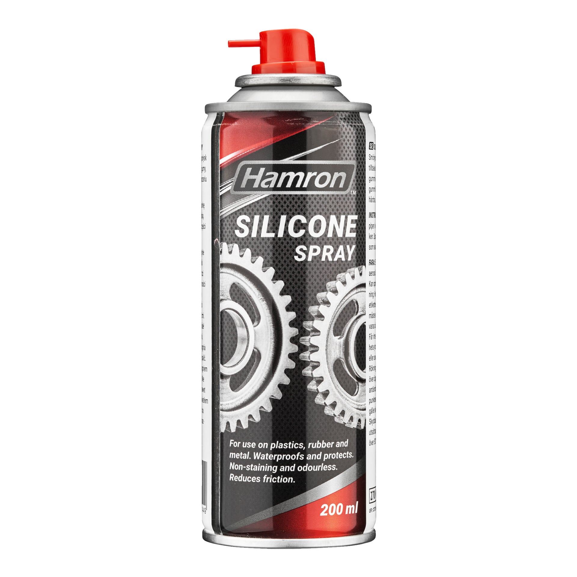 Puszka Hamron z silikonem Hamron z czerwoną dyszą ma etykietę z kołami zębatym. Etykieta wskazuje, że spray jest idealny do tworzyw sztucznych, gumowych i metalowych, oferując wodoodporność, ochronę powierzchni, właściwości nieplamujące i bezwonne oraz redukcję tarcia.