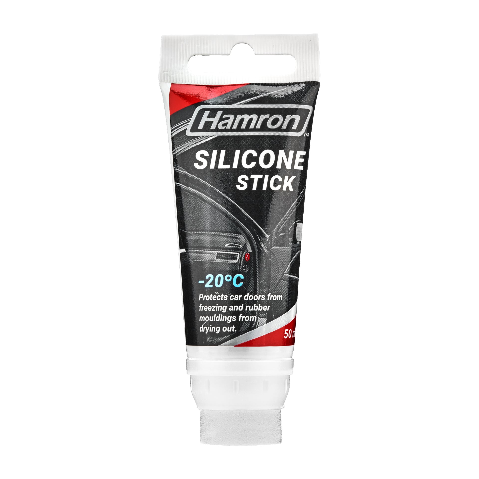 En 50 ml Hamron Silicone Stick med svart, röd och vit etikett. Syftet att skydda bildörrar och gummitätningar från torkning eller frysning, är det effektivt ner till -20°C.