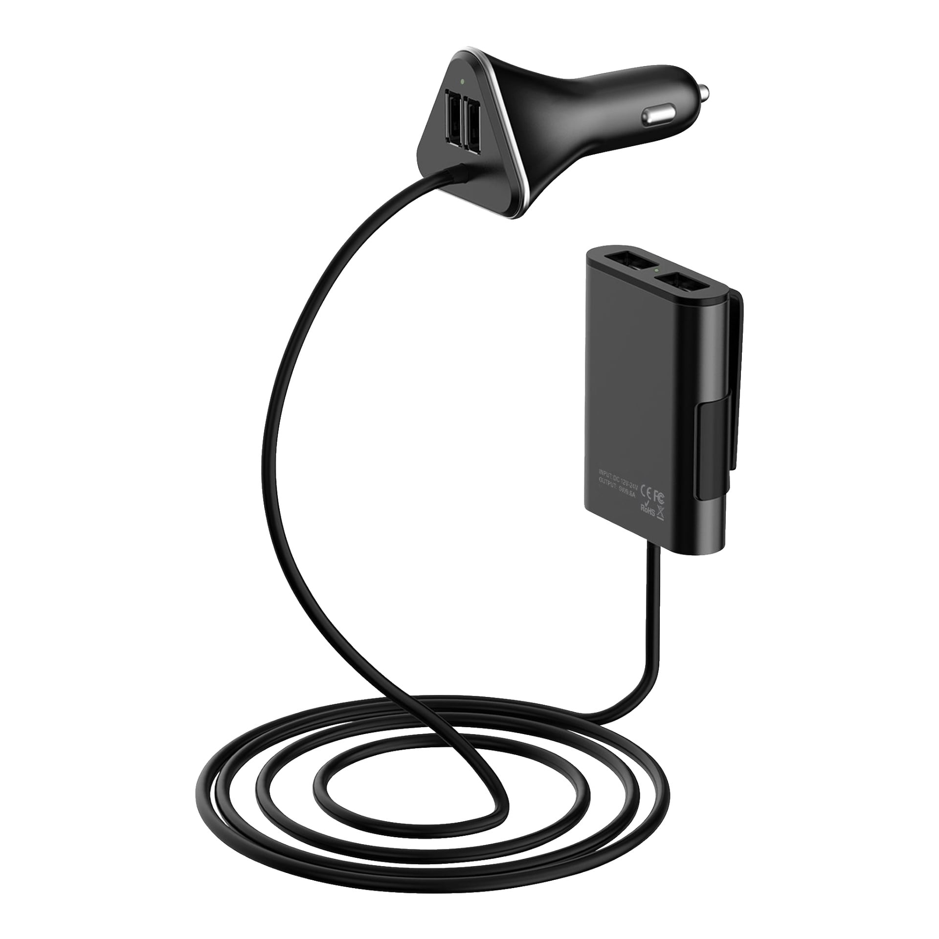 Hamron Car Charger för fordon, lackerad i svart, inkluderar två USB-portar på huvudenheten, en lång integrerad kabel och en sekundär laddningshubb med två extra USB-portar.
