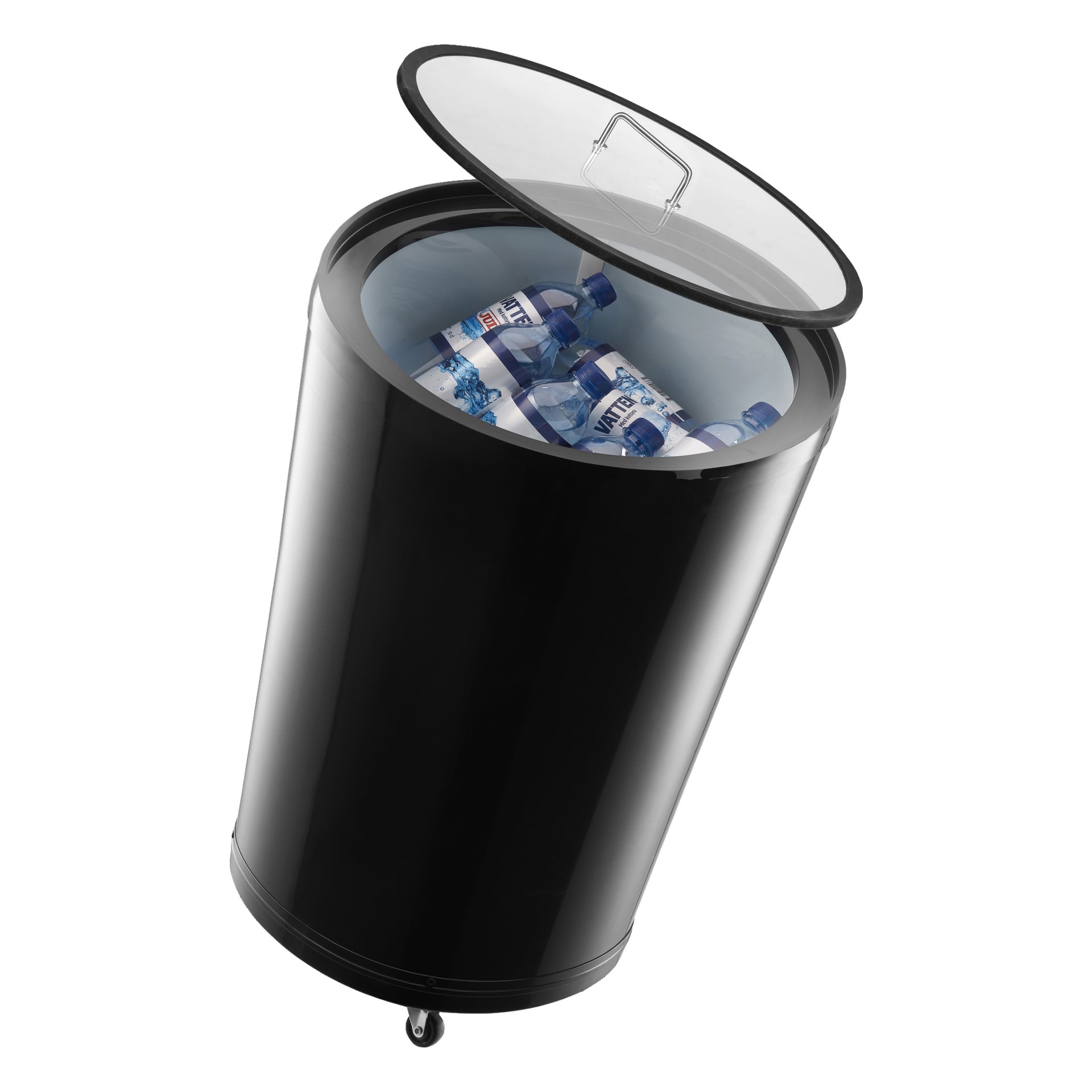 En svart Bright Party-kylare med cylindrisk form, utrustad med hjul och ett öppet genomskinligt lock, är fylld med flera plastflaskor för vatten.