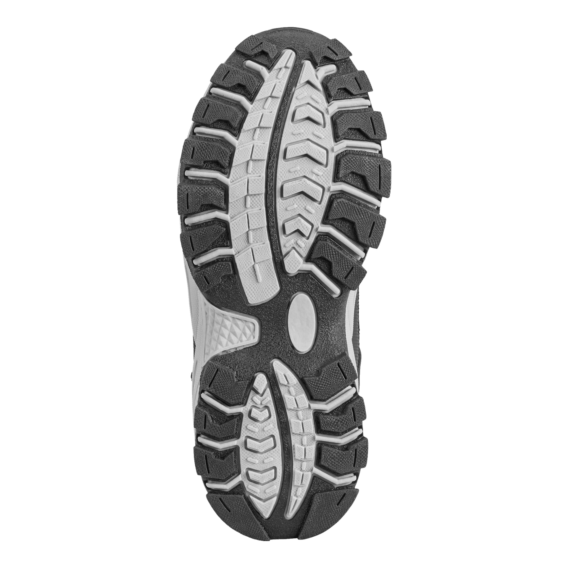 Das Foto hebt die schwarz-graue Sohle der Kayoba Outdoor Kinderschuhe hervor und zeigt kunstvolle Profilmuster mit Rillen und Lugs, die Grip, Grip und Haltbarkeit bieten.